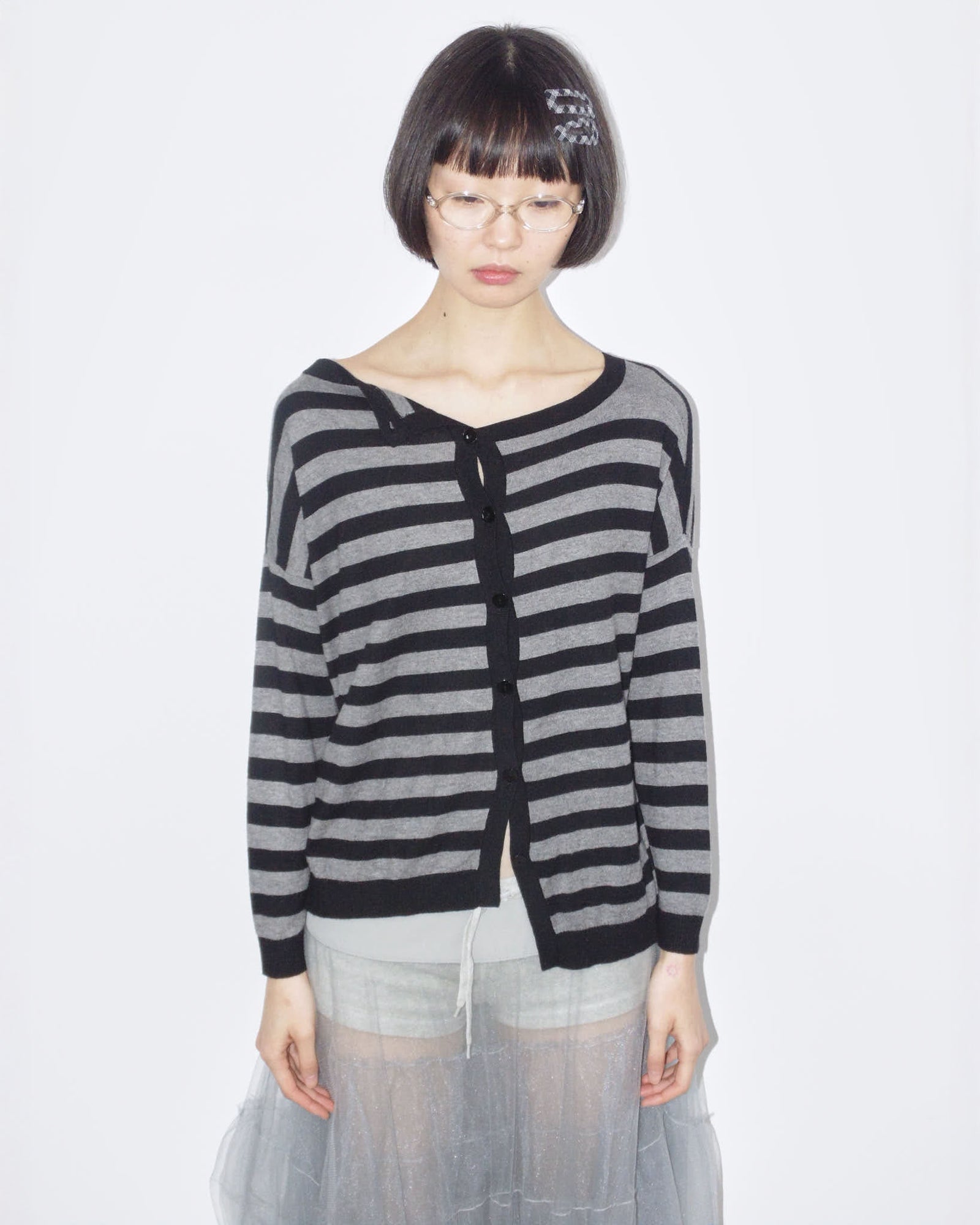 button up black and gray striped cardigan