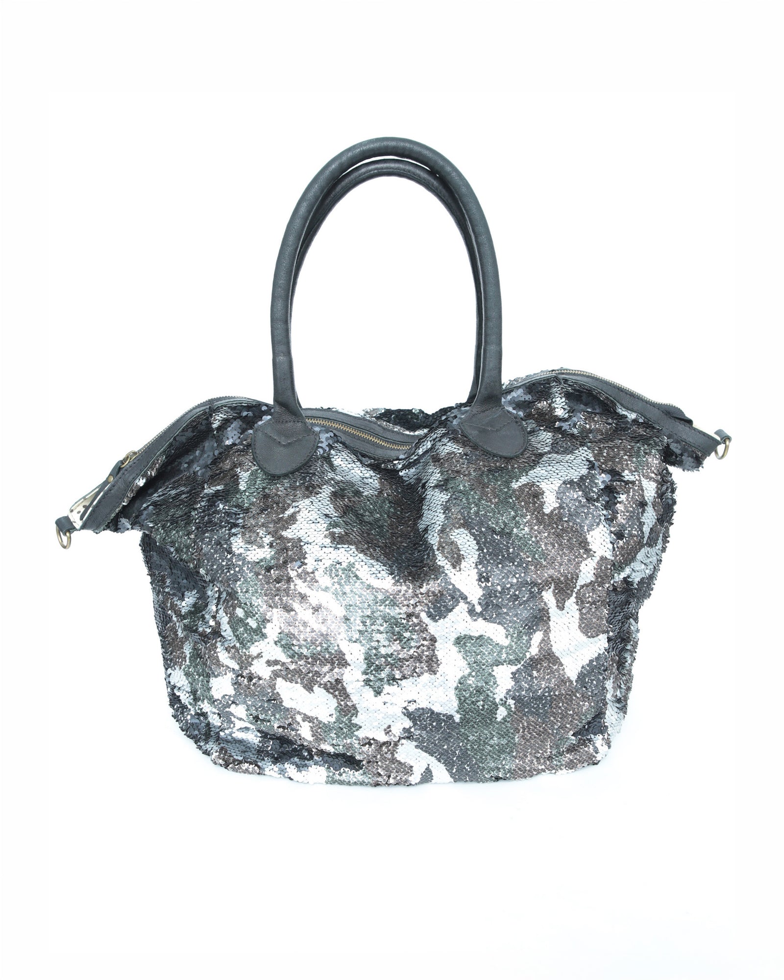 maxi camo sequins distressed bag