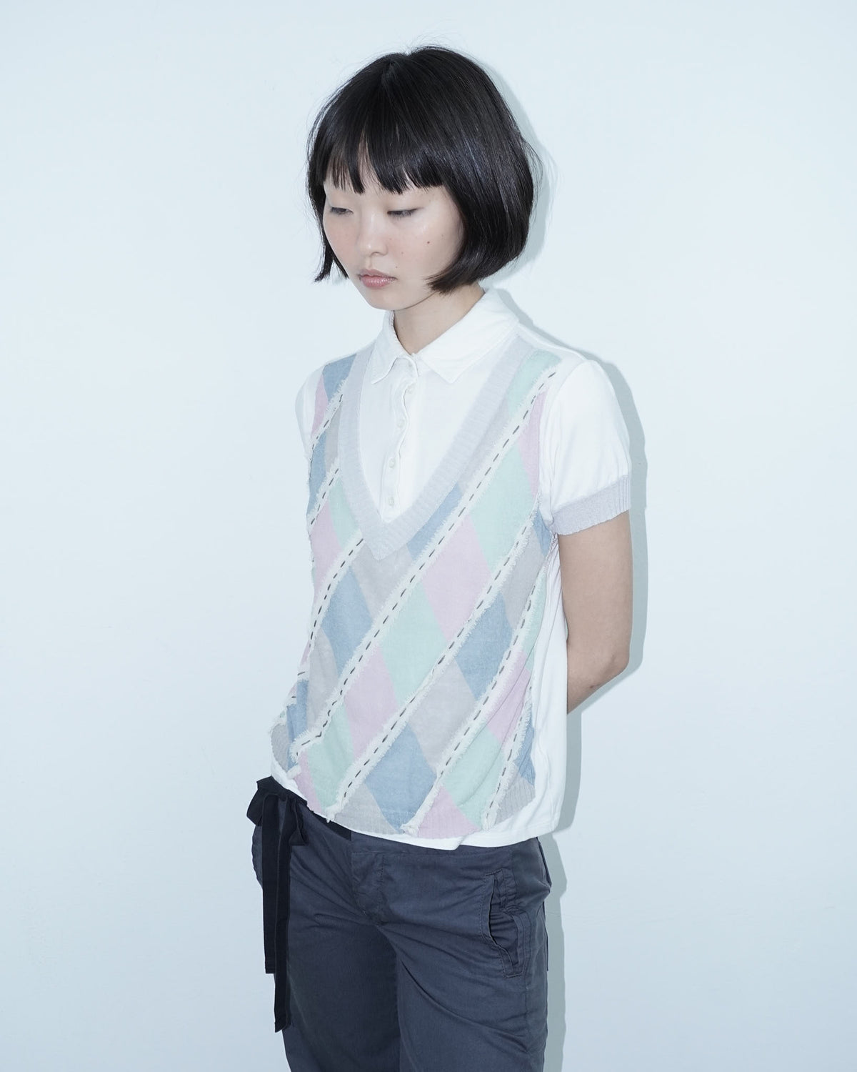 cotton polo with argyle see-through detail