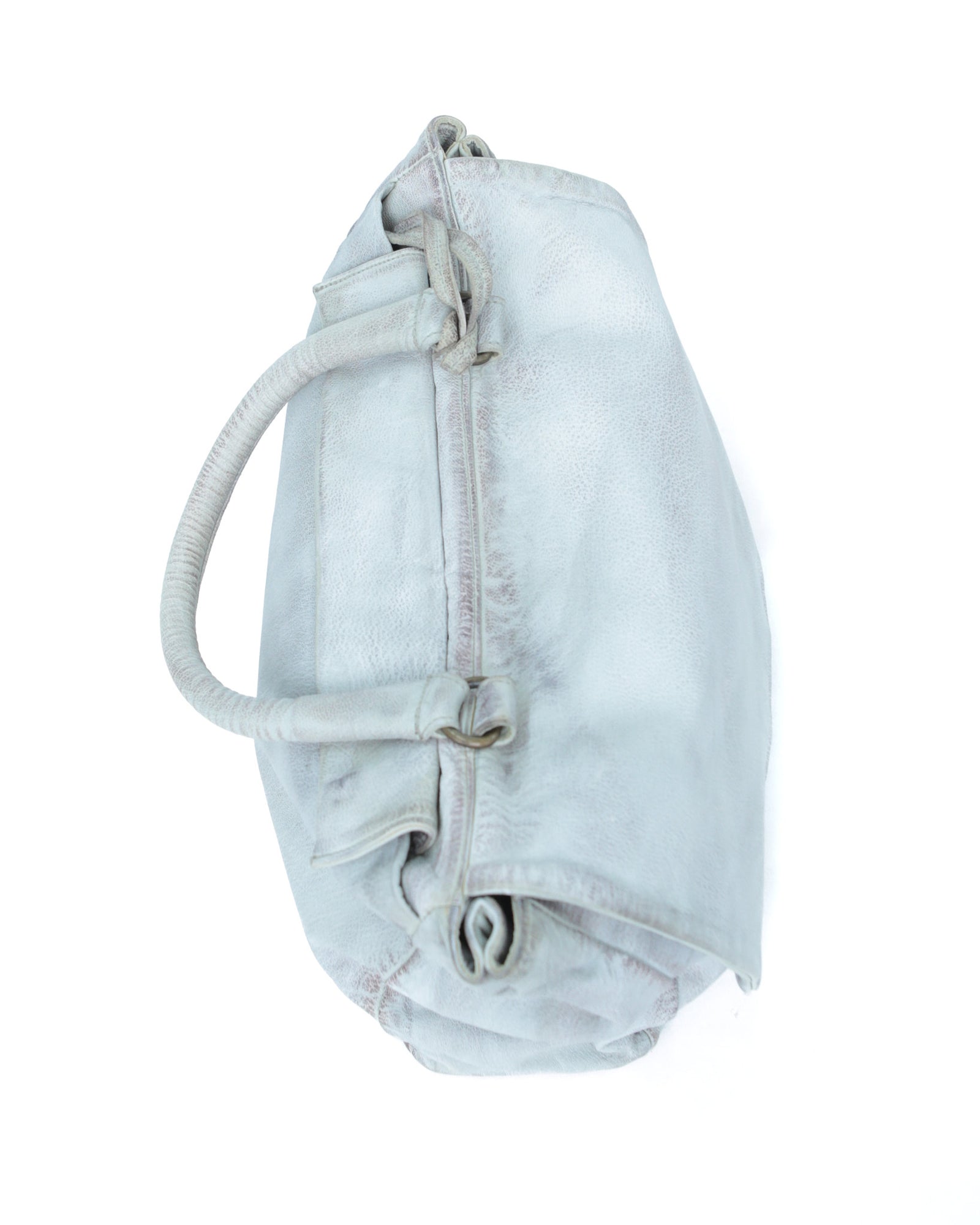 medium washed blue/ gray distressed leather messenger bag