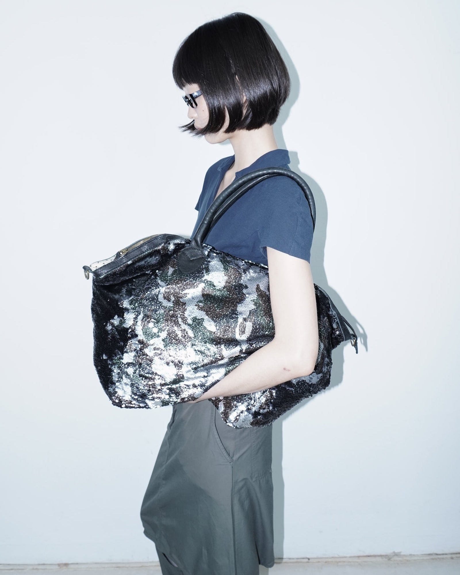 maxi camo sequins distressed bag
