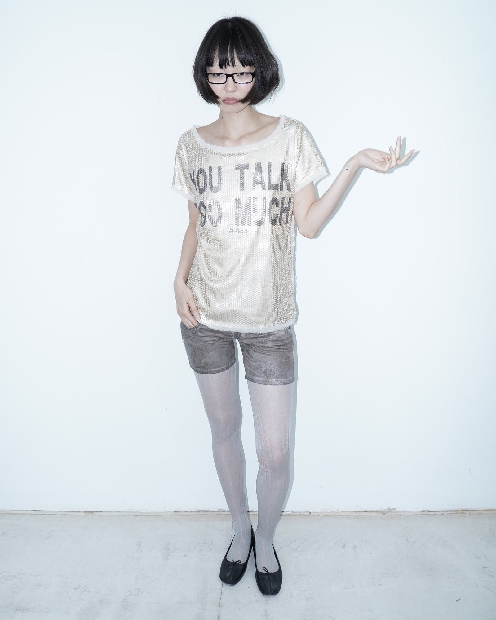 "you talk too much" gold sequin oversized tee