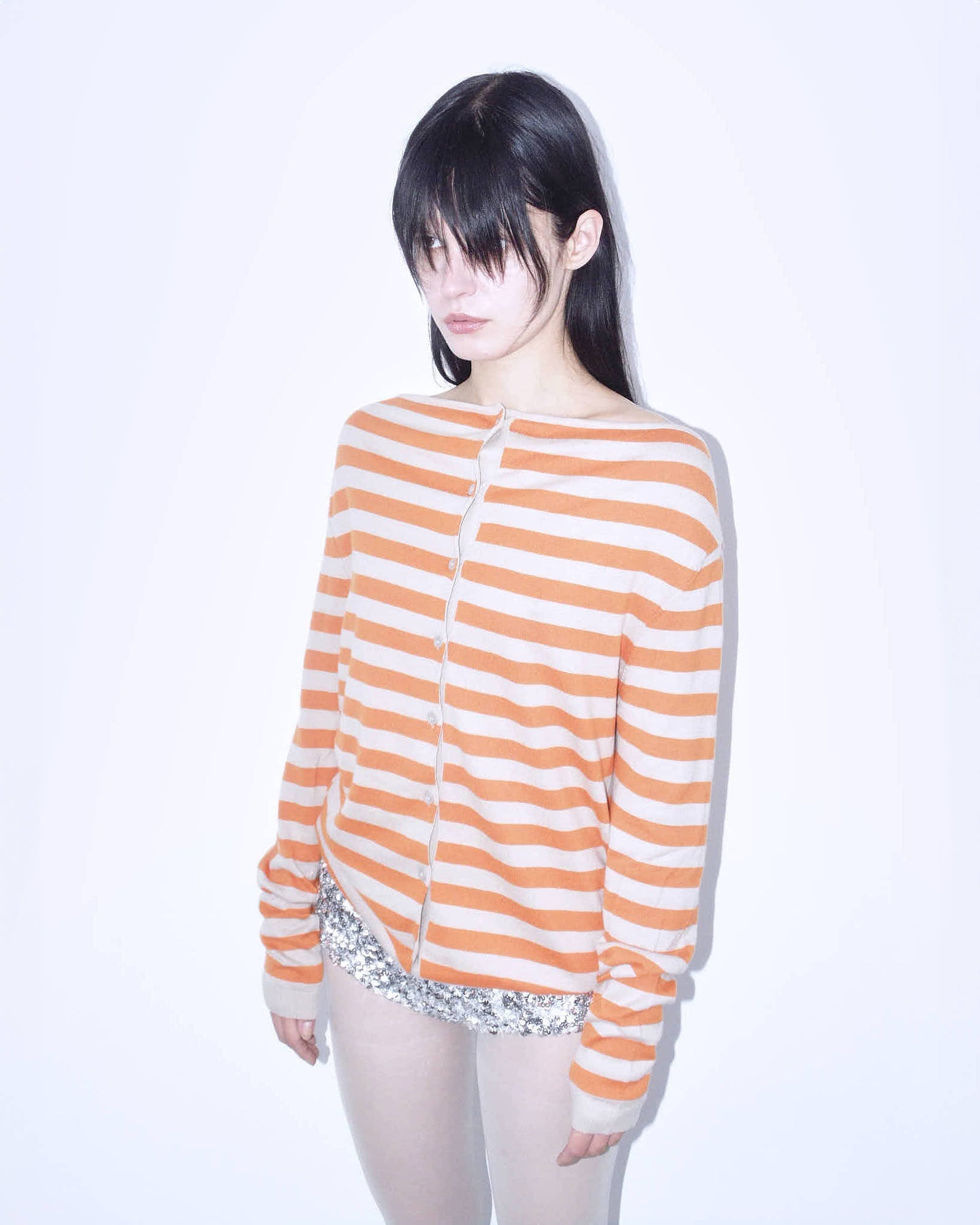 button up orange striped cardigan