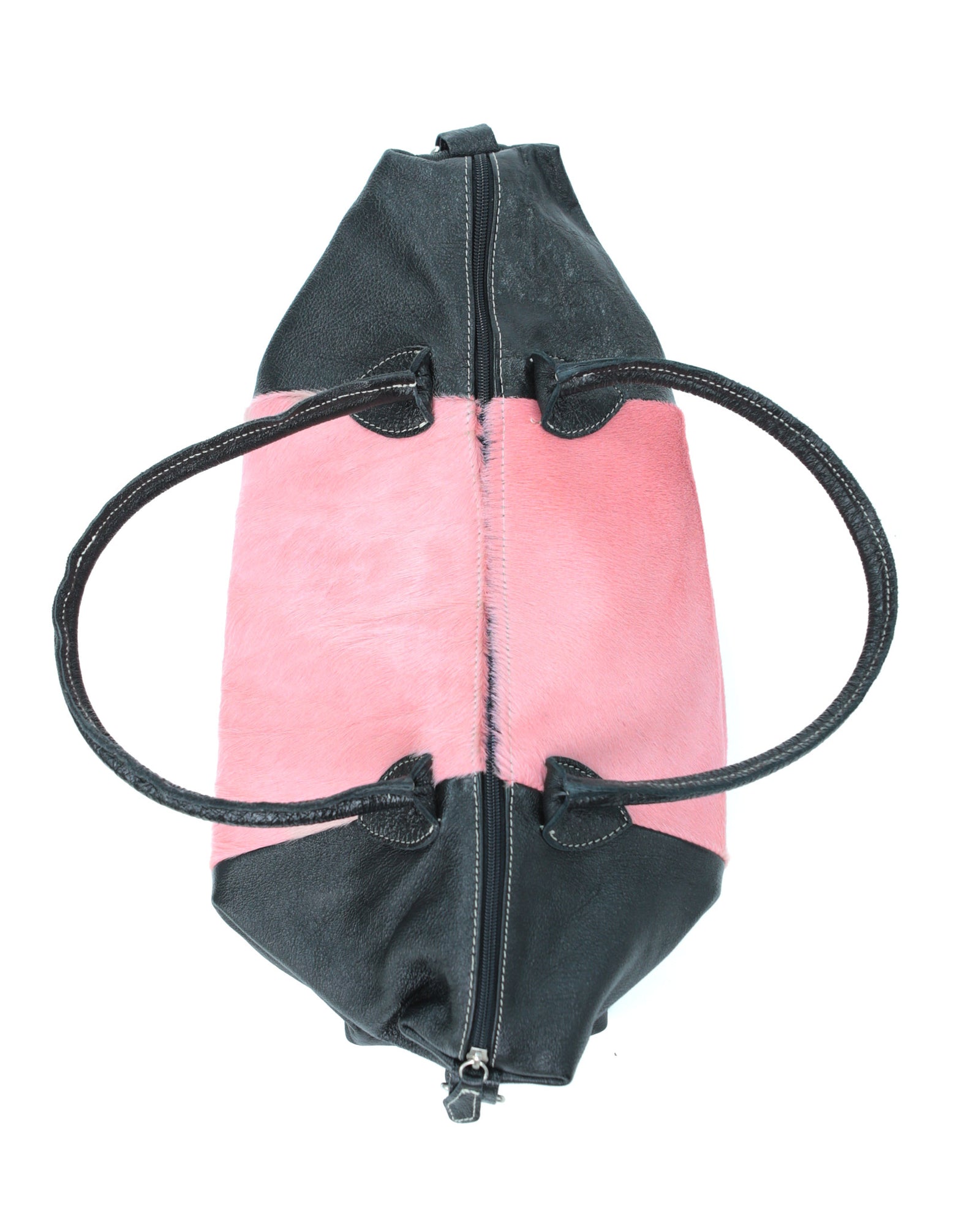 pink pony hair and black shiny leather bag