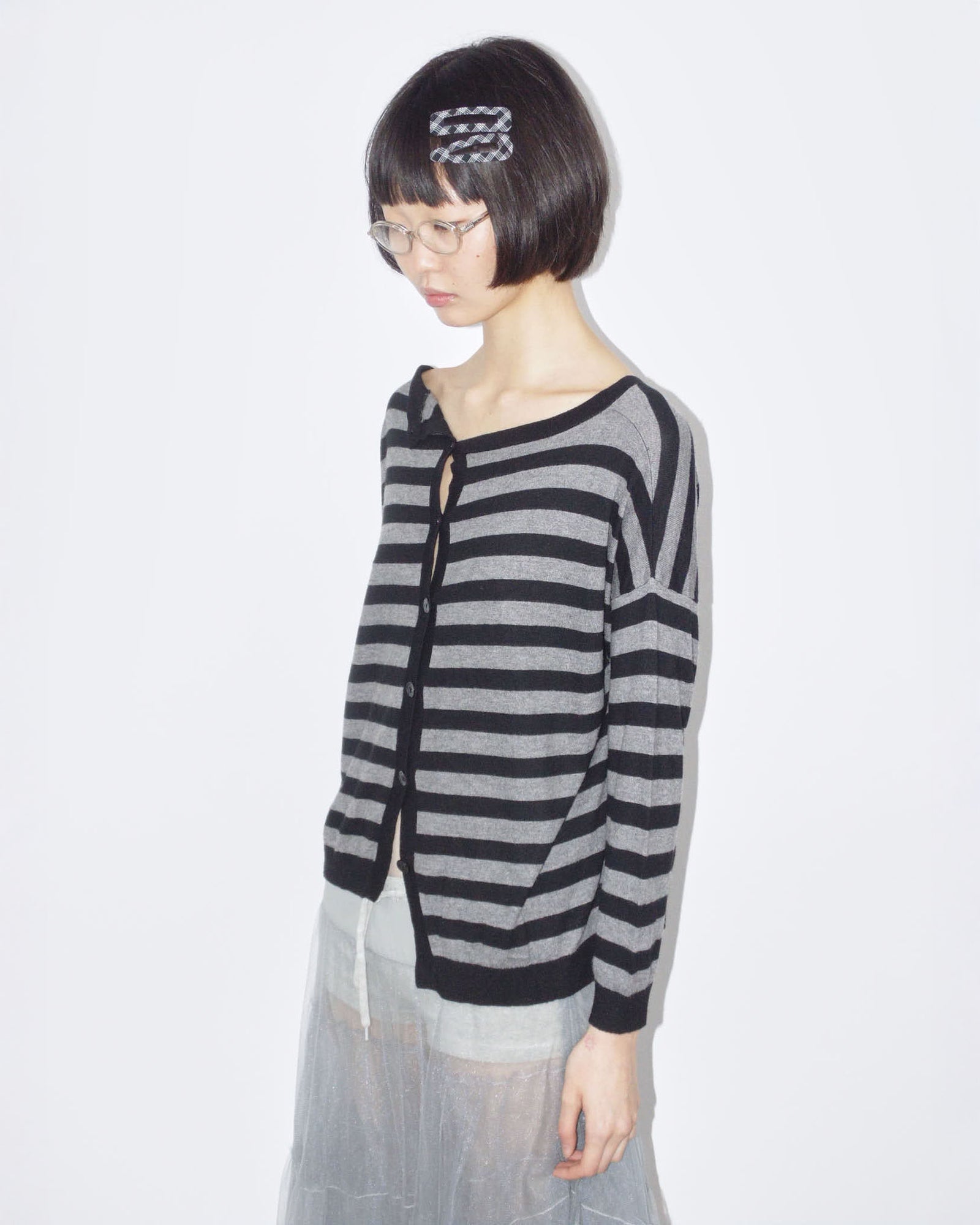 button up black and gray striped cardigan