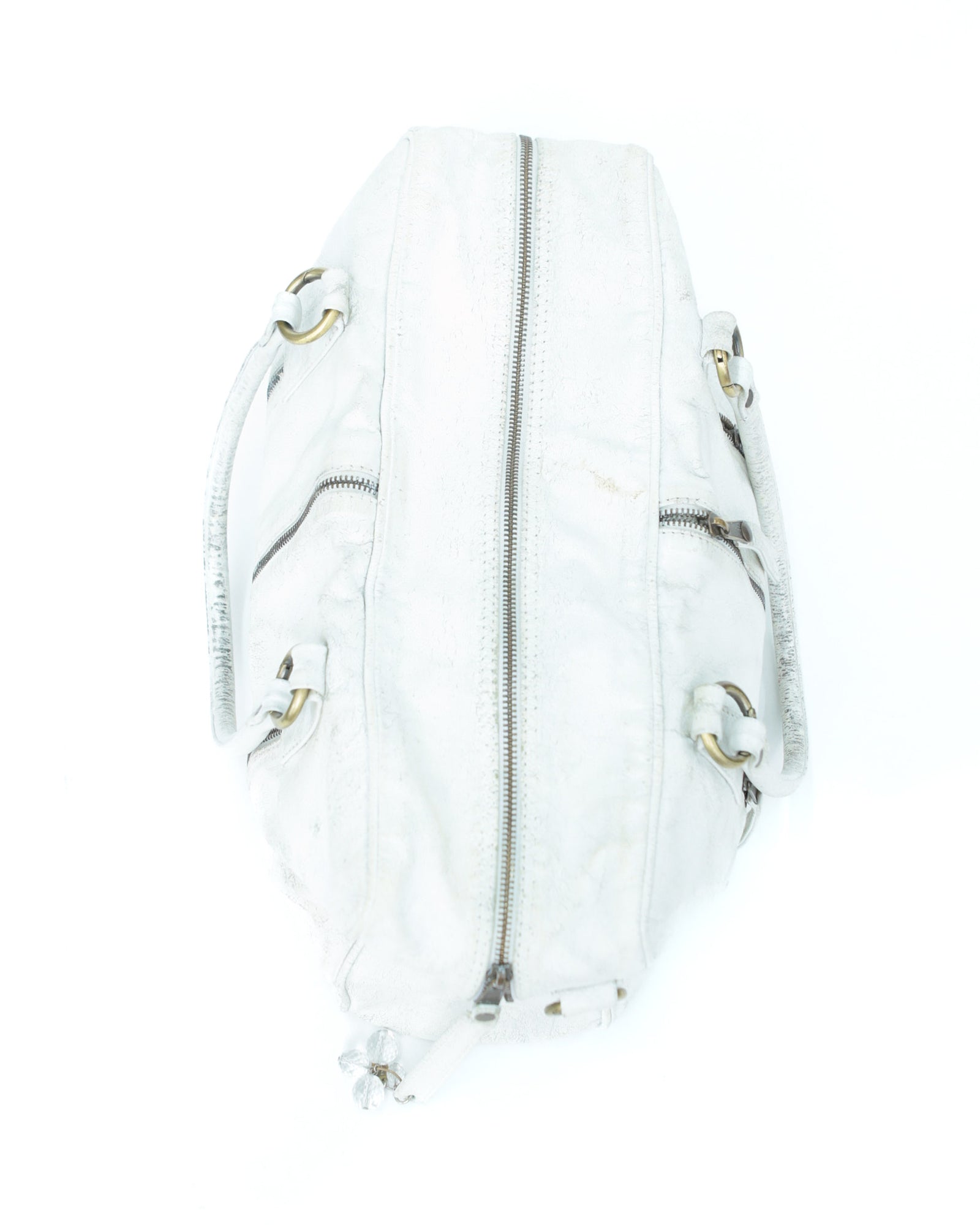 multi zipper distressed white leather bag