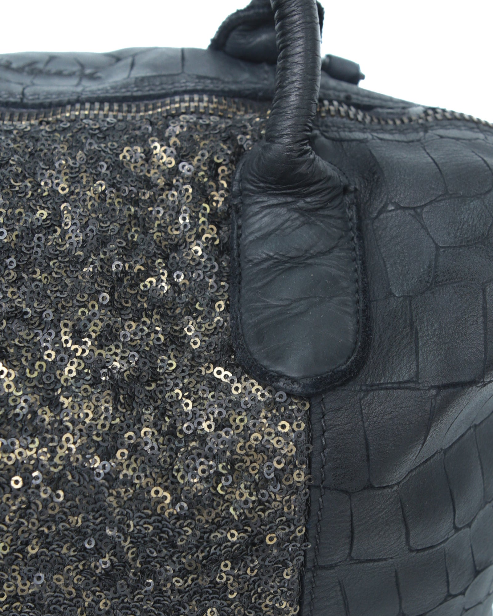 sequins black multi texture leather bag