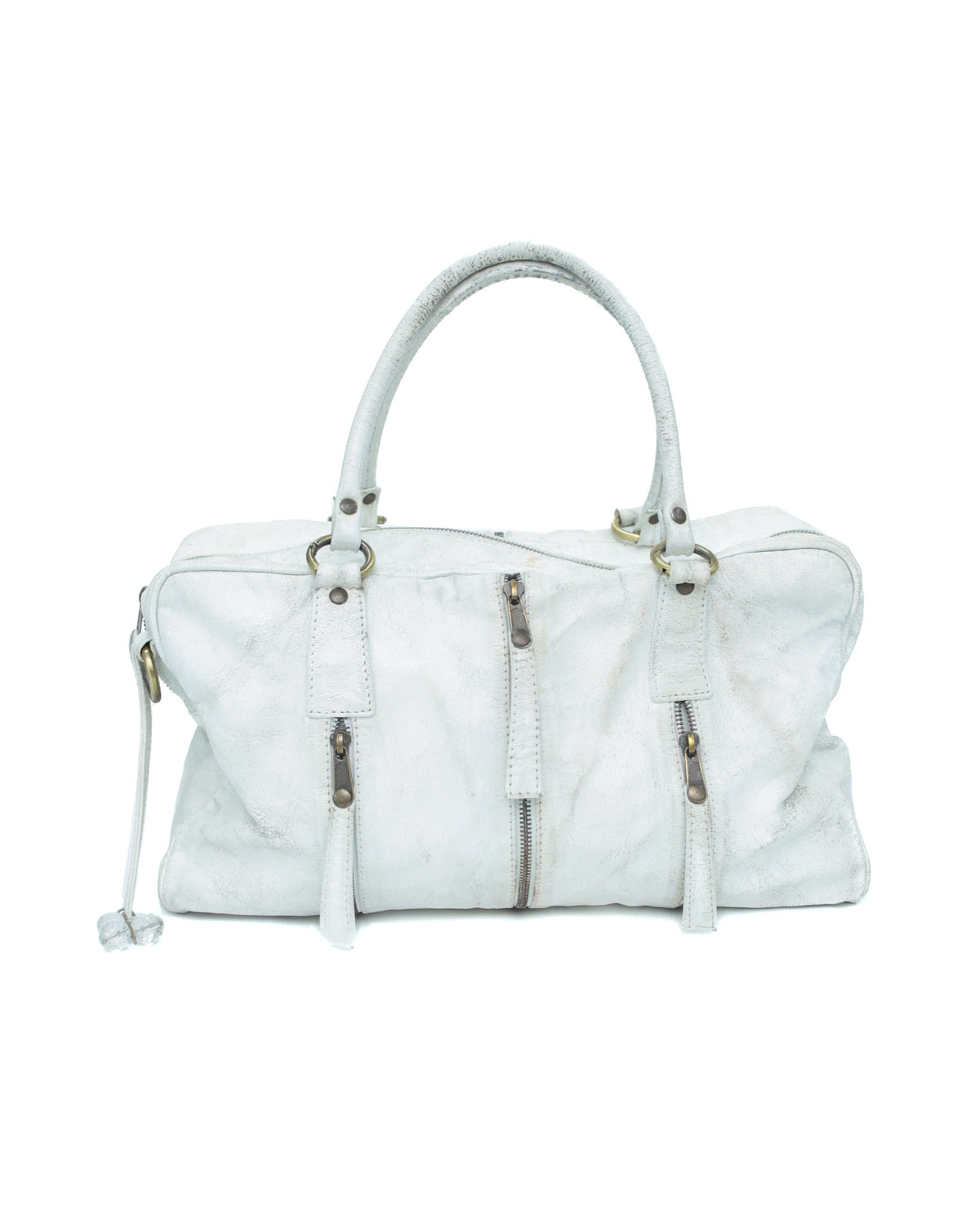 multi zipper distressed white leather bag