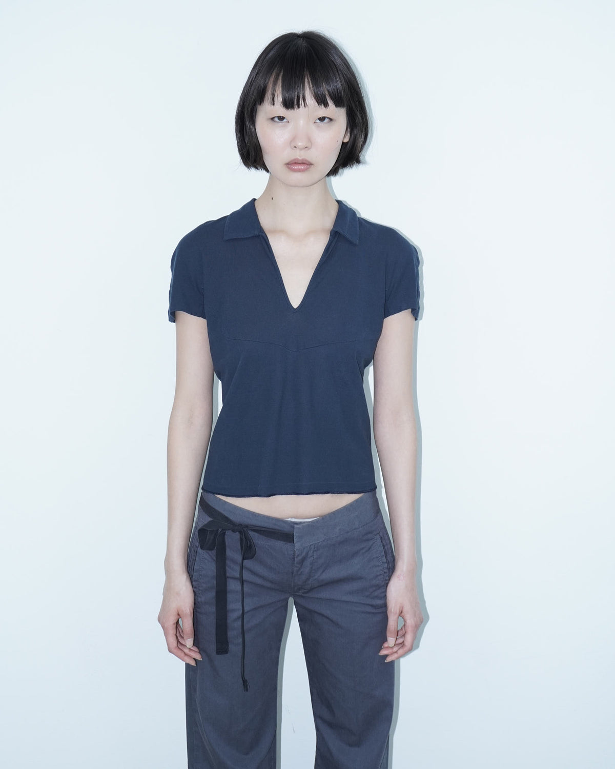 cropped navy blue cotton polo
