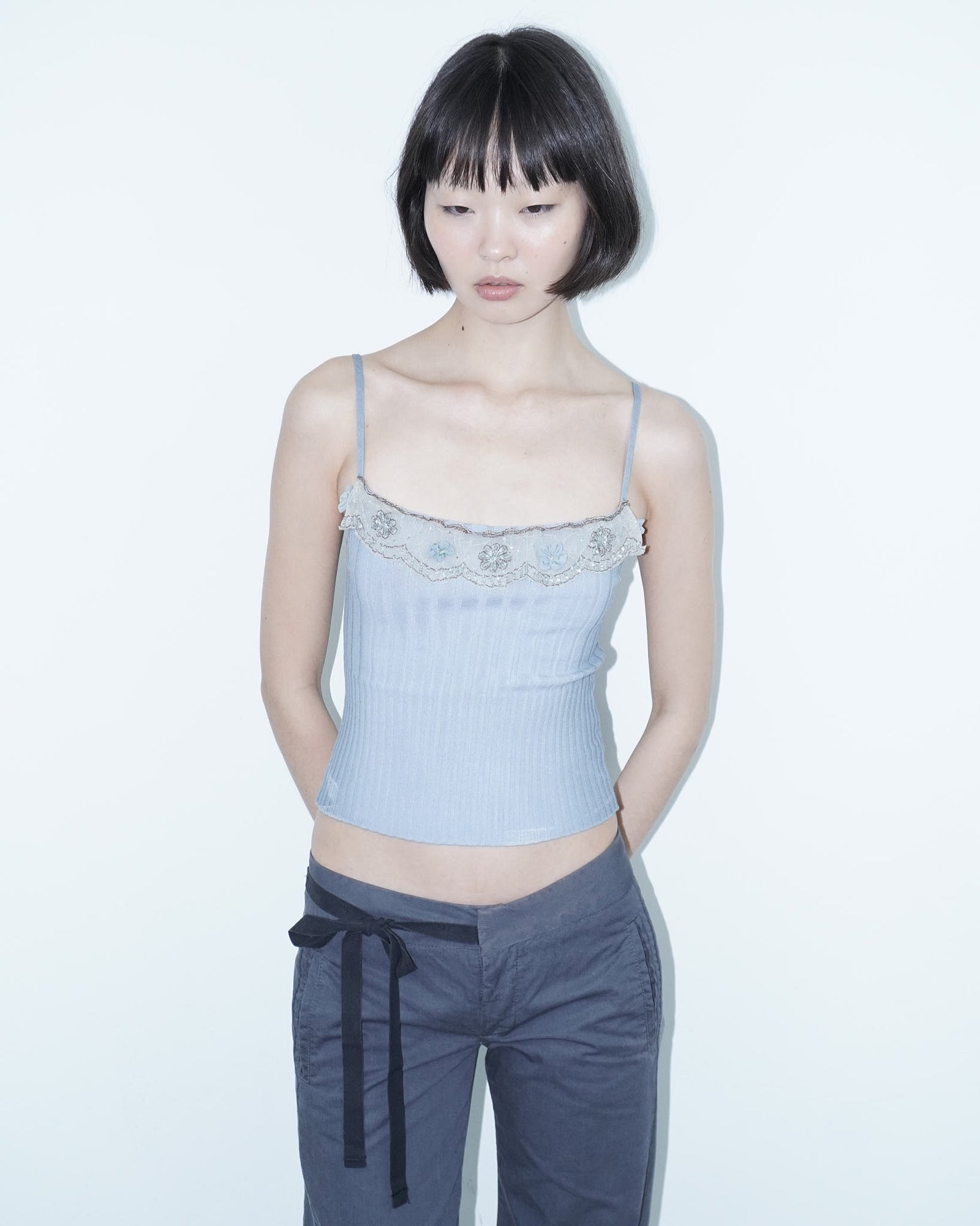 powder blue knit set with lace detail