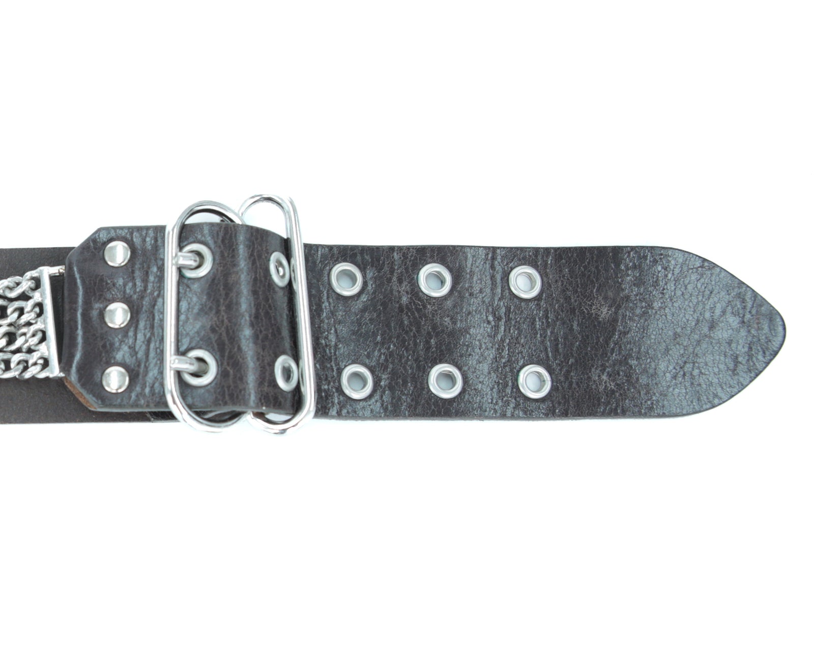 dark brown leather belt with metal chain detail