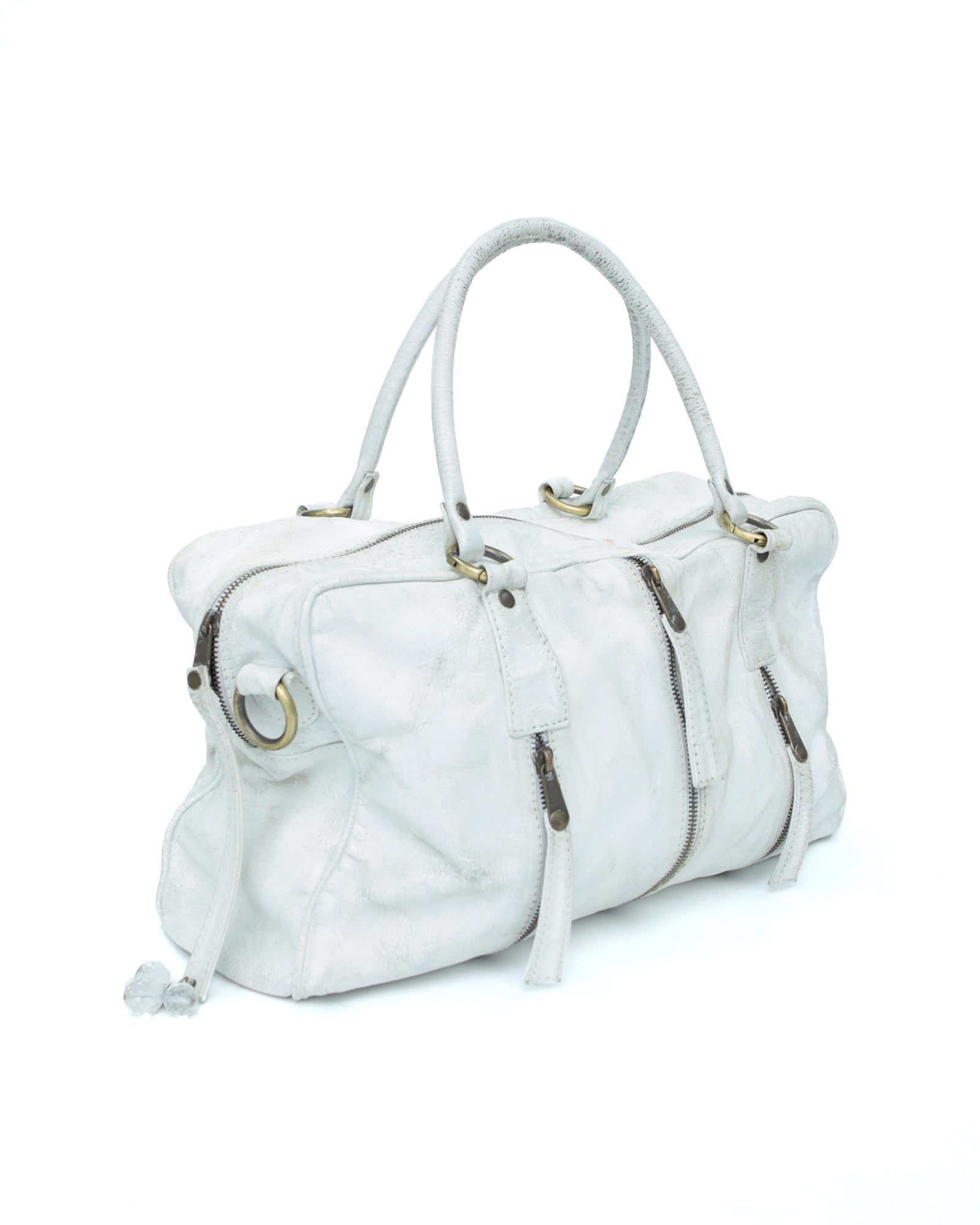 multi zipper distressed white leather bag