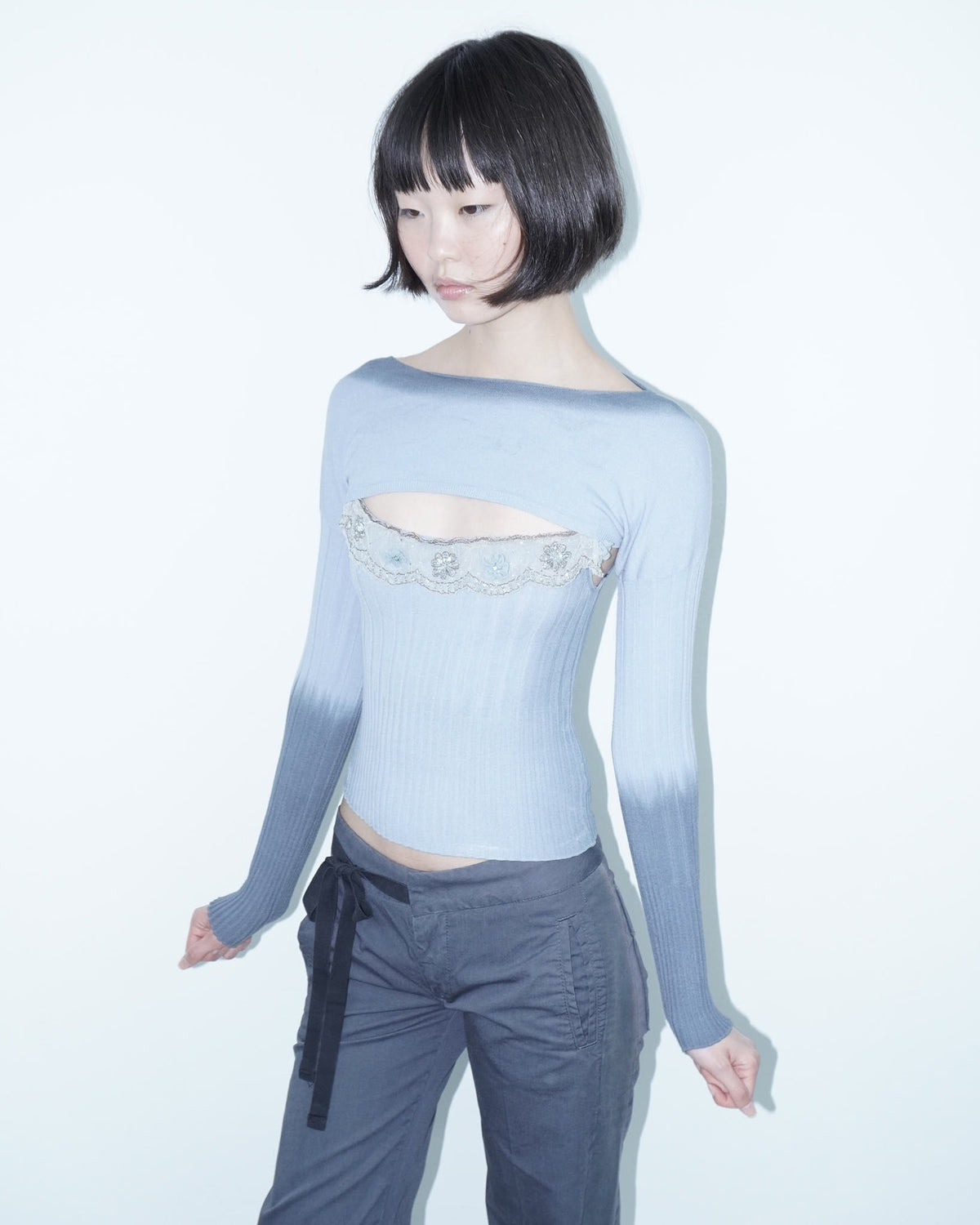 powder blue knit set with lace detail