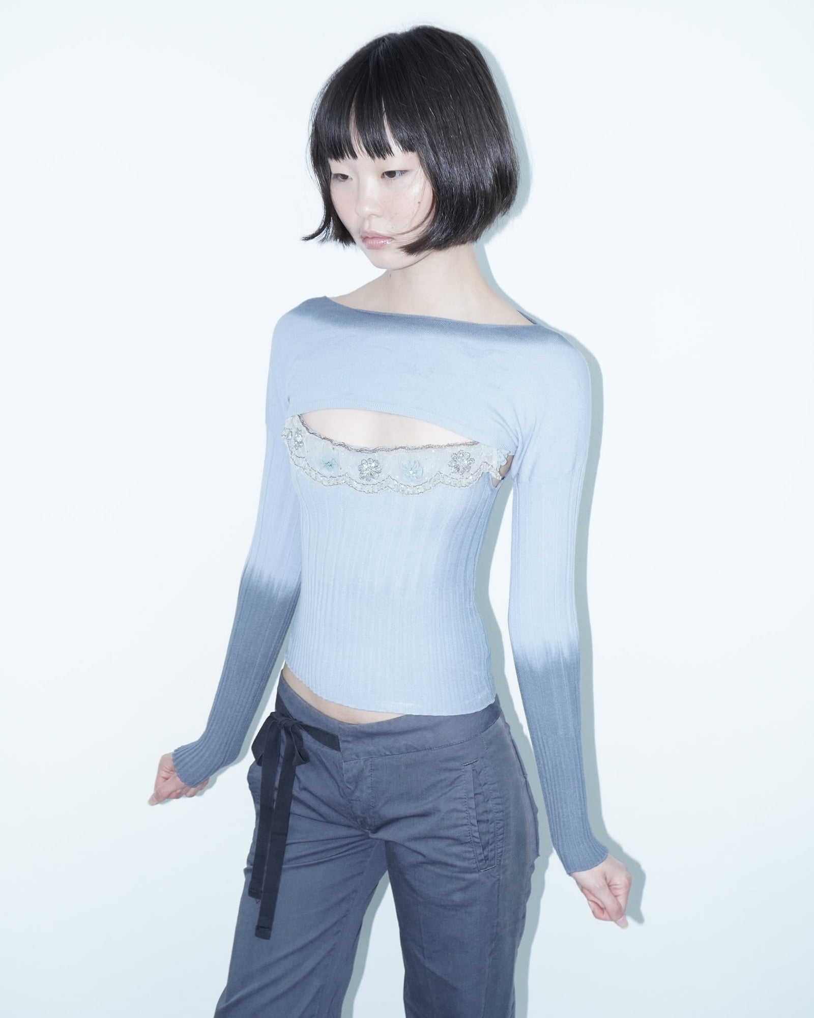 powder blue knit set with lace detail