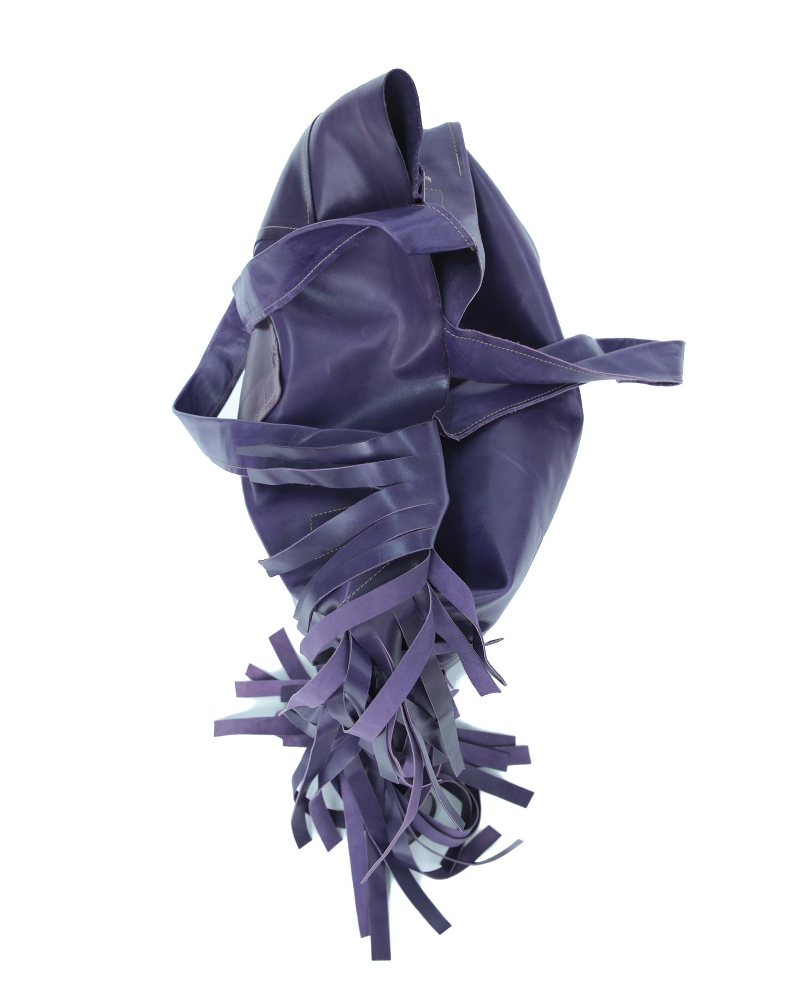 large violet leather tote bag with fringe detail