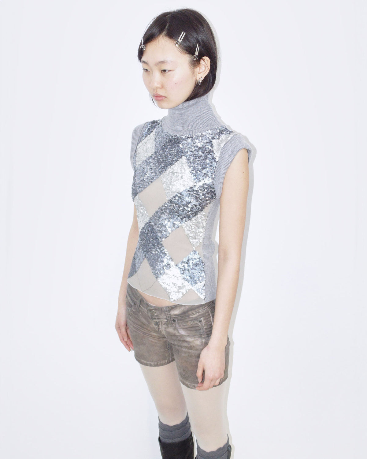 silk and wool lilac sequins argyle knit top