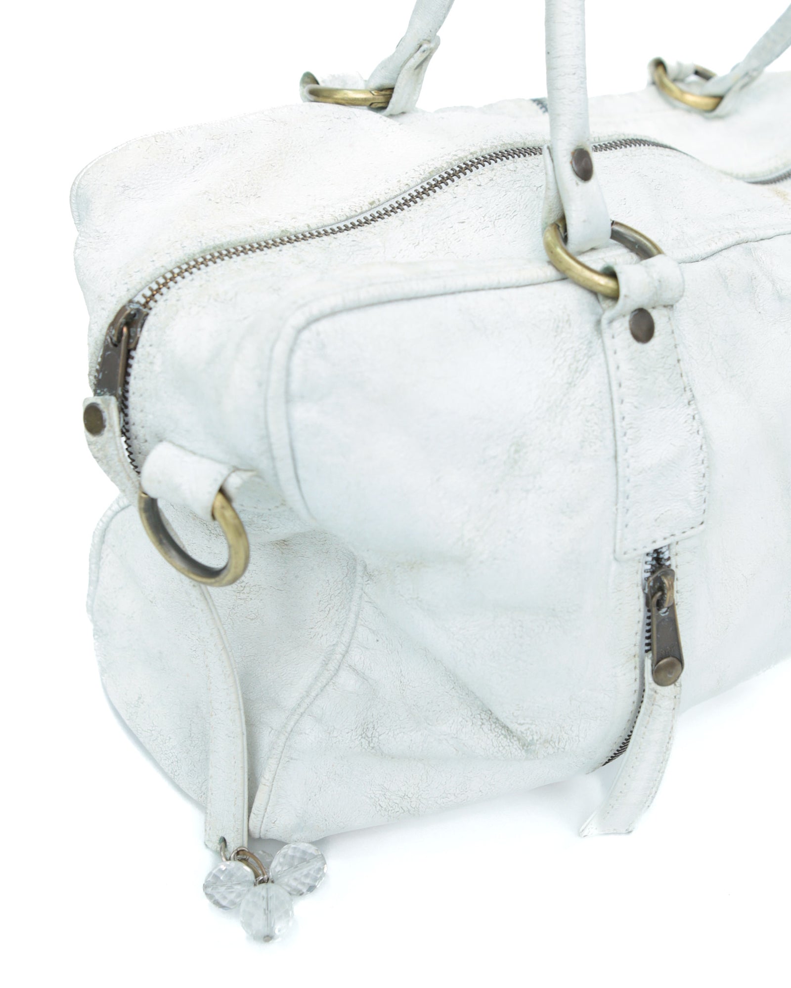 multi zipper distressed white leather bag