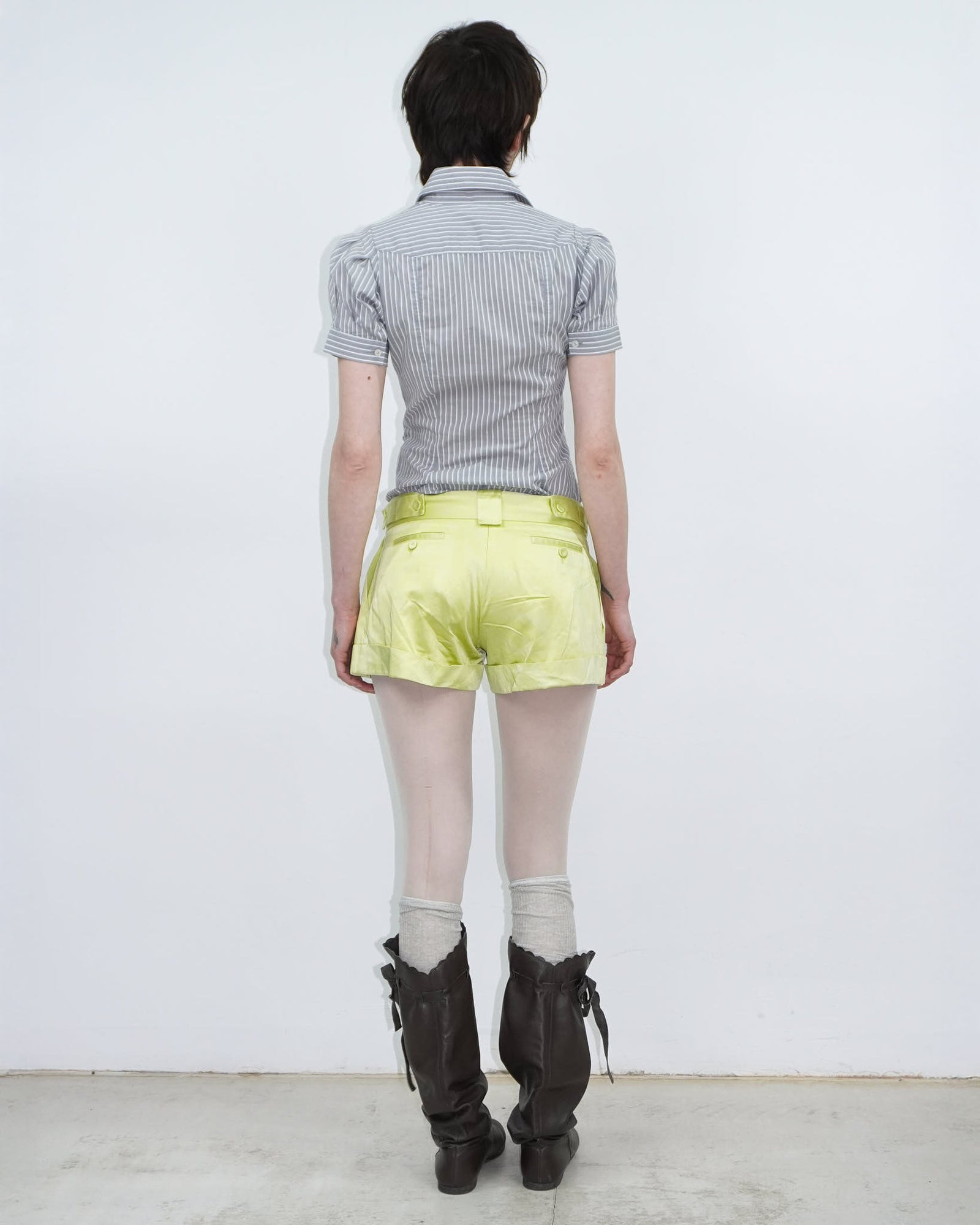 acid yellow satin mini shorts