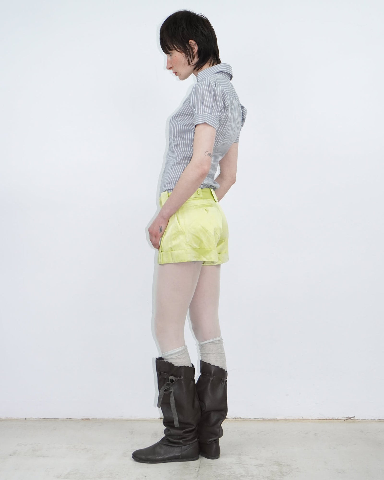 acid yellow satin mini shorts