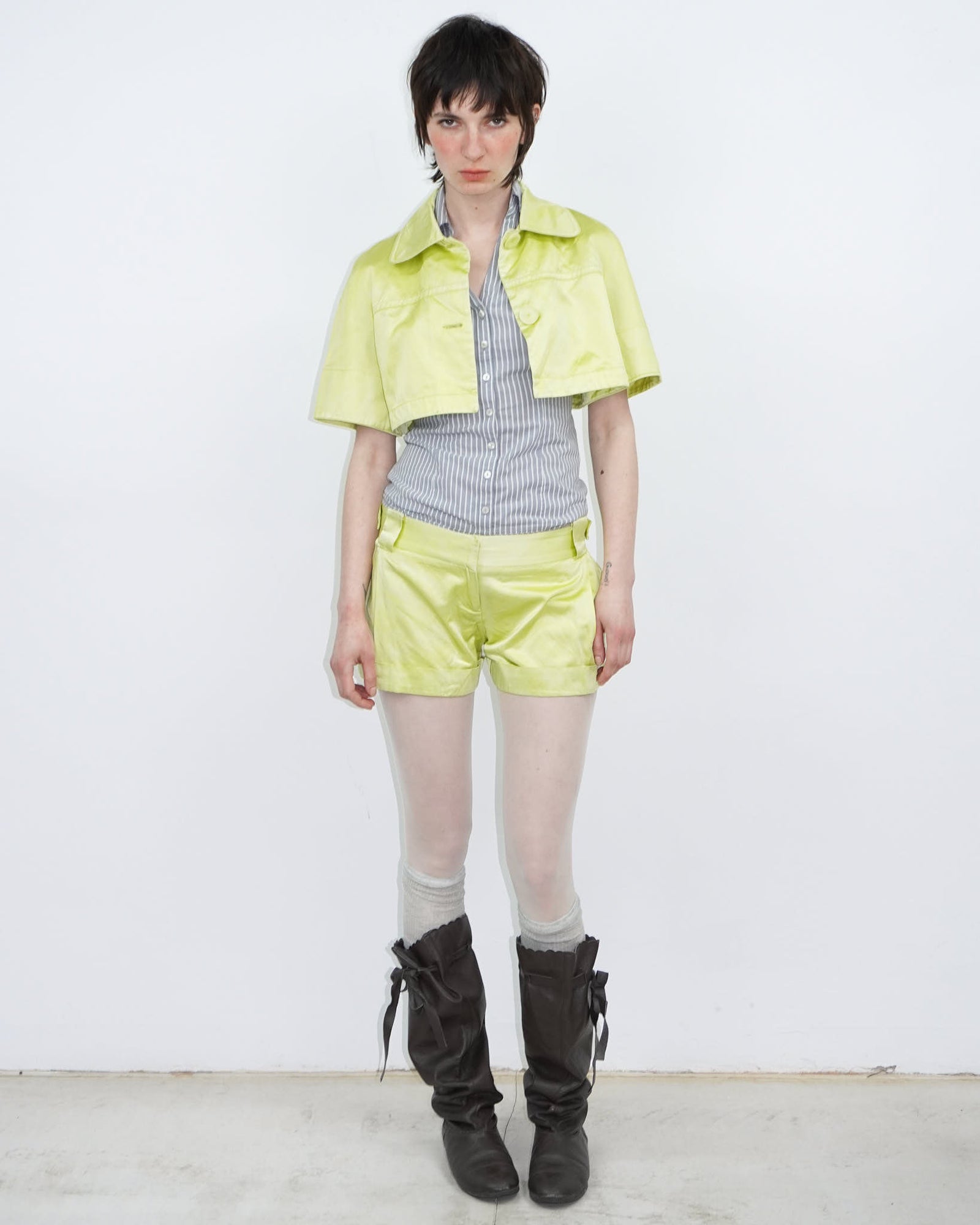 acid yellow satin mini shorts