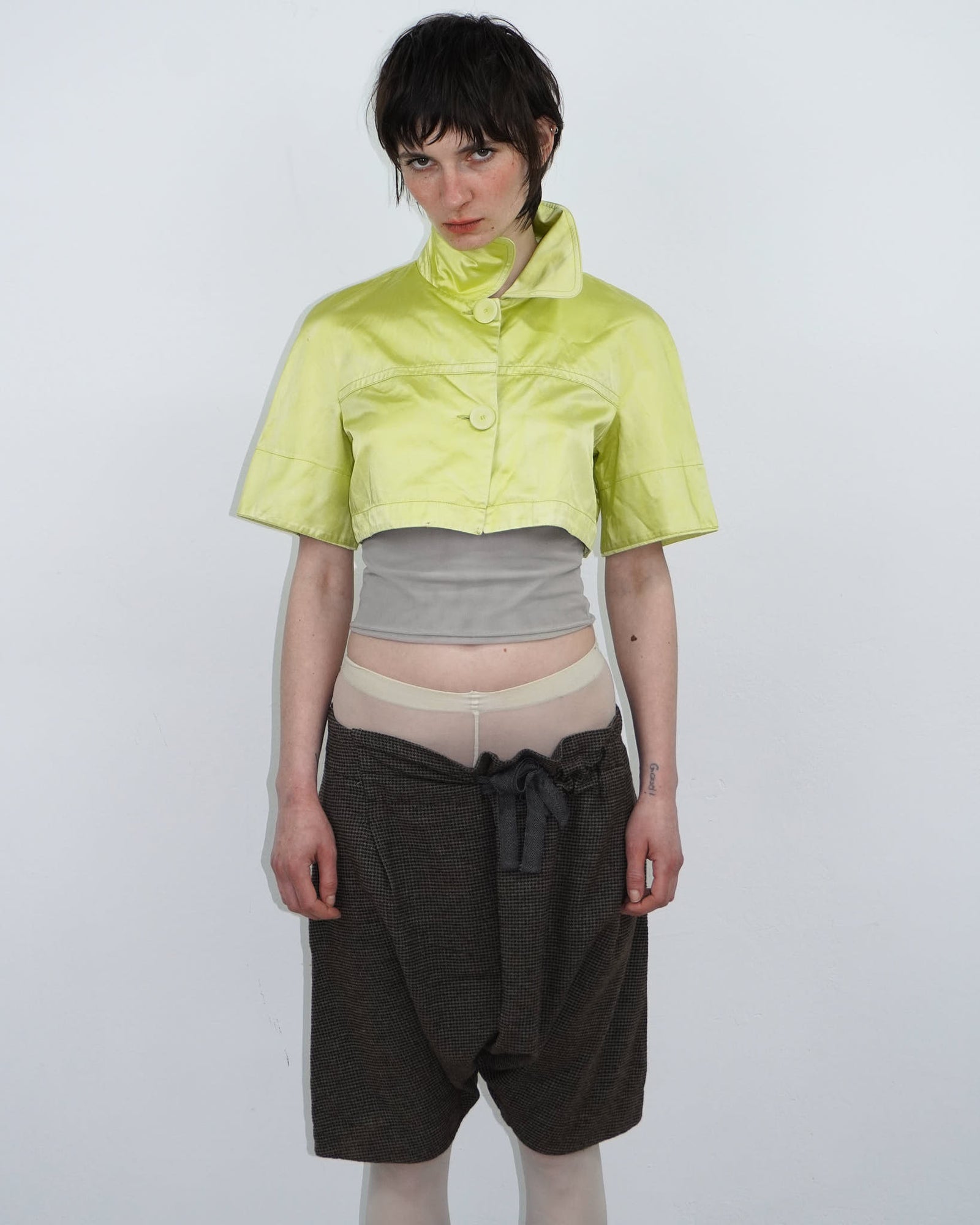 acid yellow short sleeve satin cropped bolero