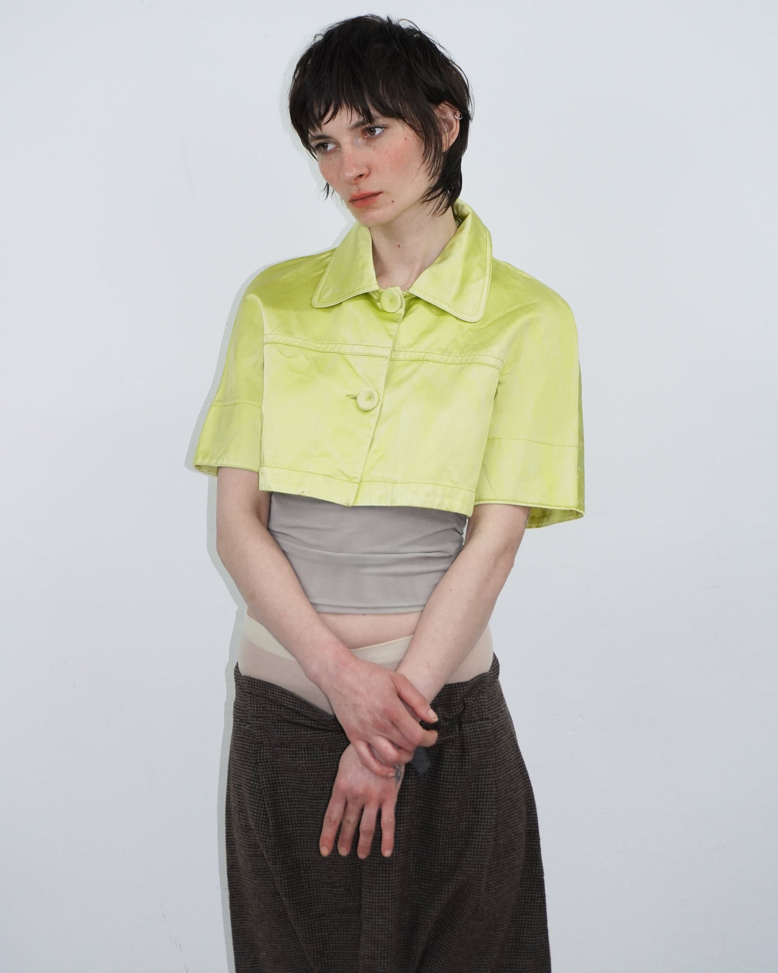 acid yellow short sleeve satin cropped bolero