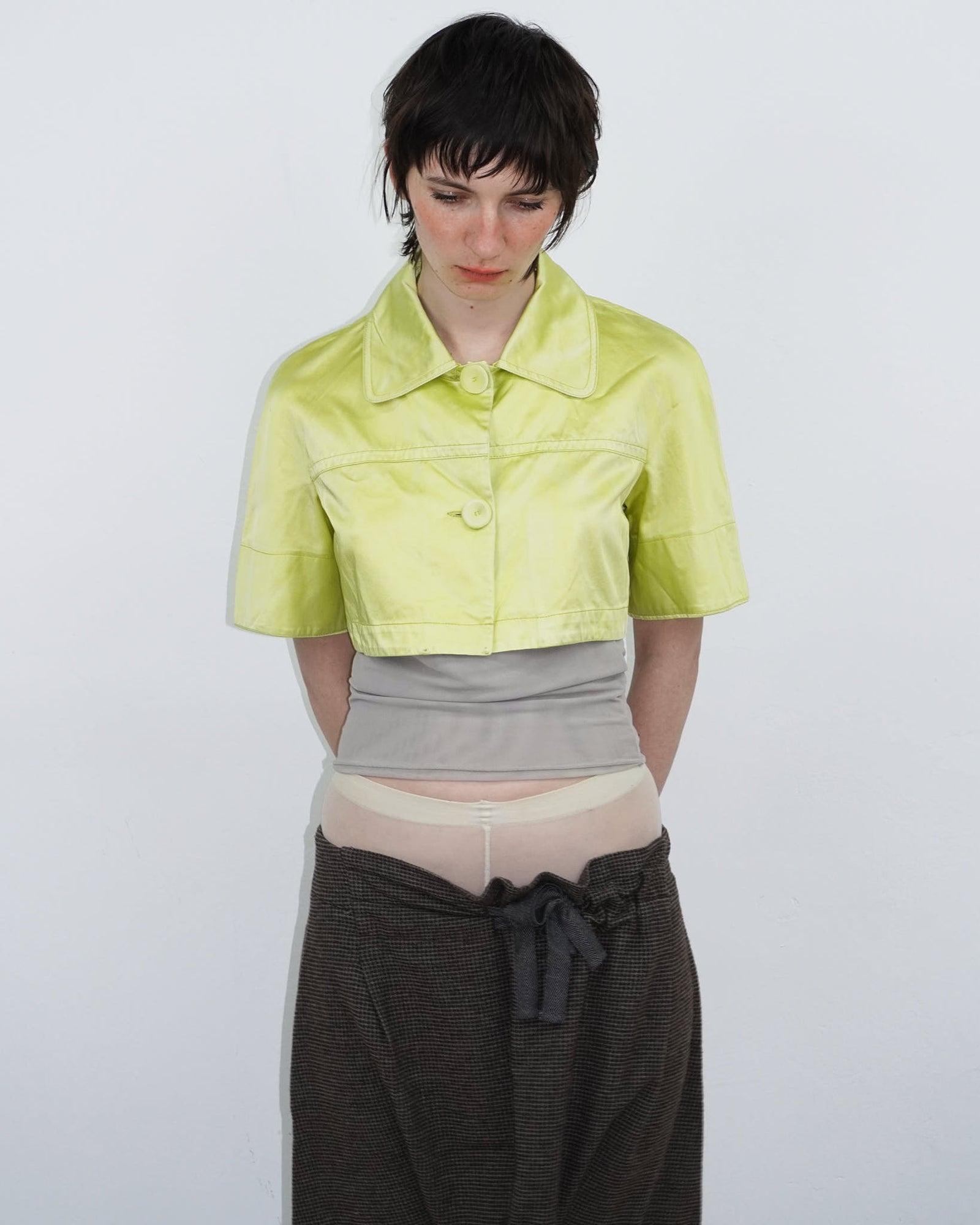 acid yellow short sleeve satin cropped bolero
