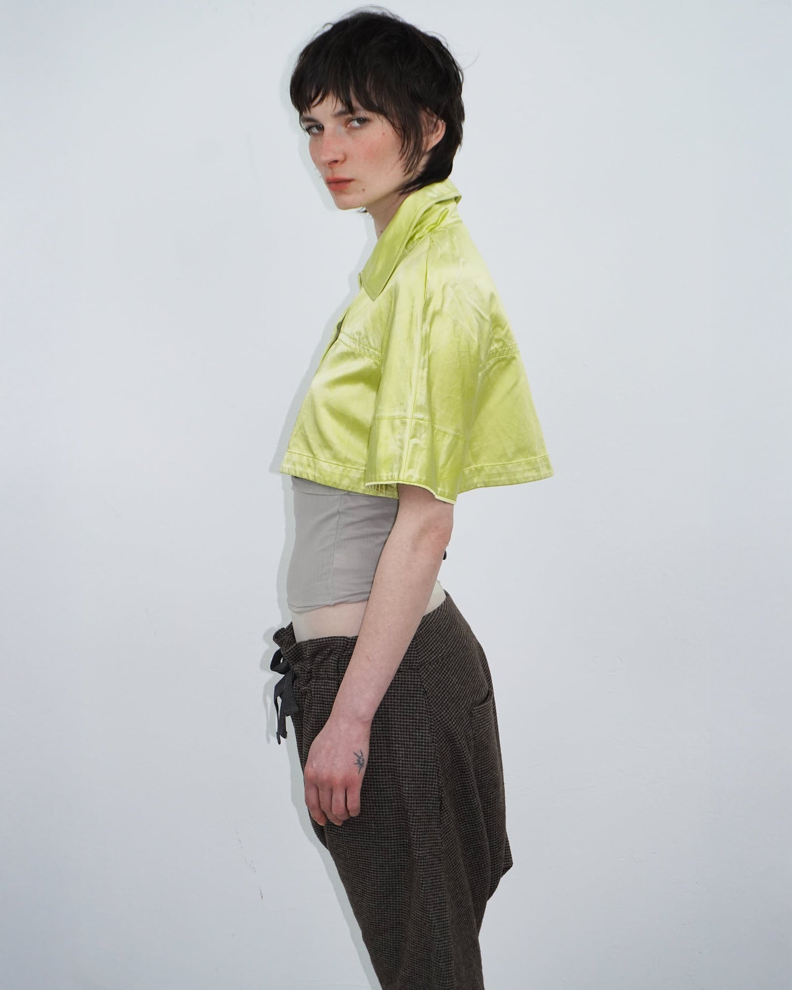 acid yellow short sleeve satin cropped bolero