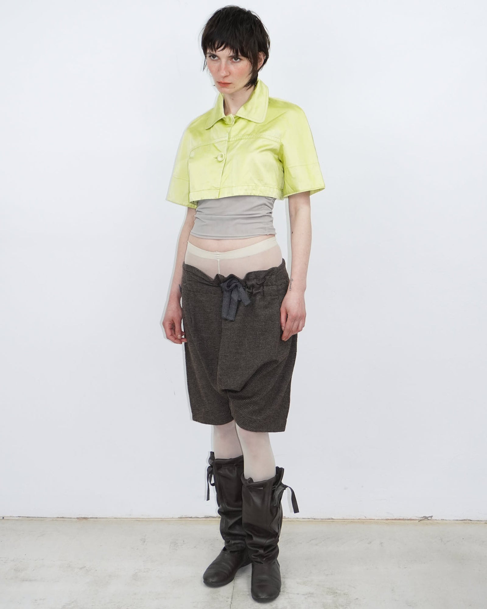 acid yellow short sleeve satin cropped bolero