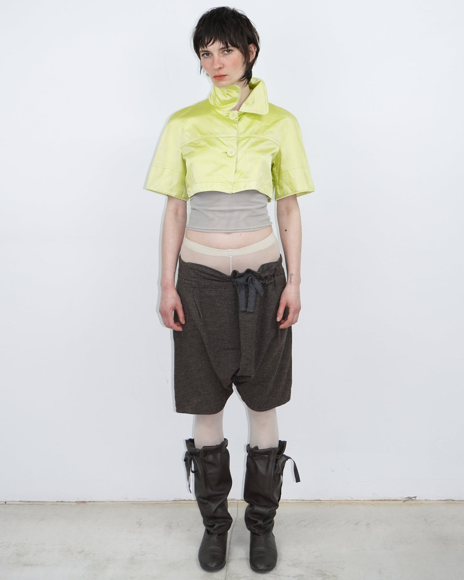 acid yellow short sleeve satin cropped bolero