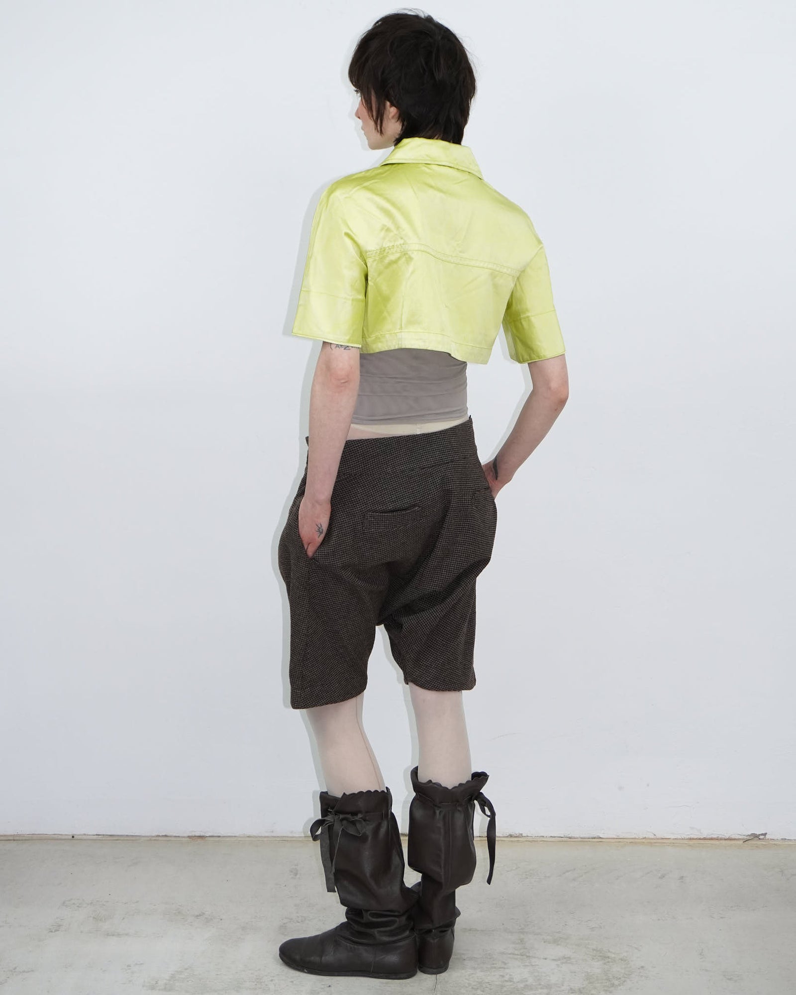 acid yellow short sleeve satin cropped bolero