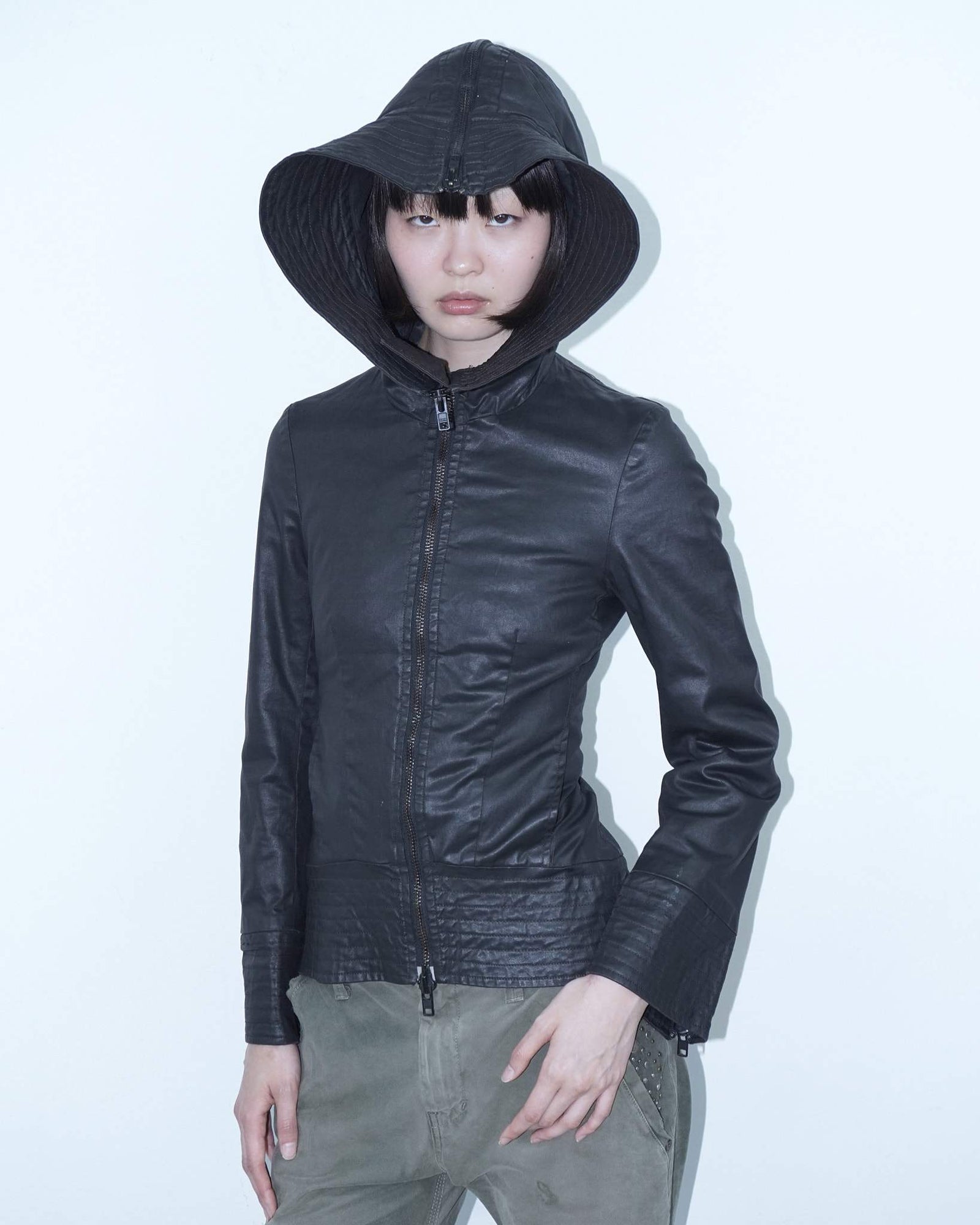 adherent black waxed  hooded jacket