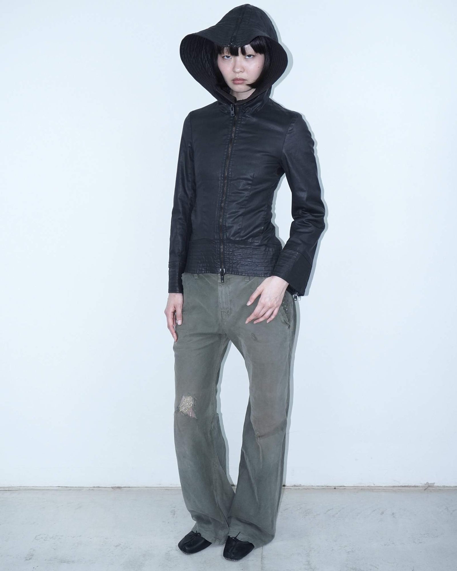 adherent black waxed  hooded jacket