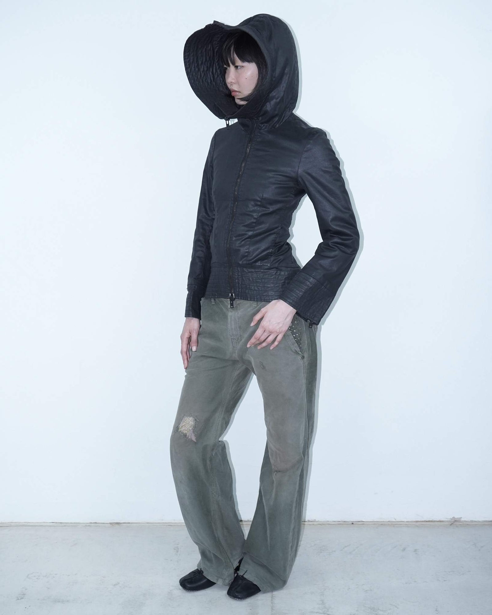 adherent black waxed  hooded jacket