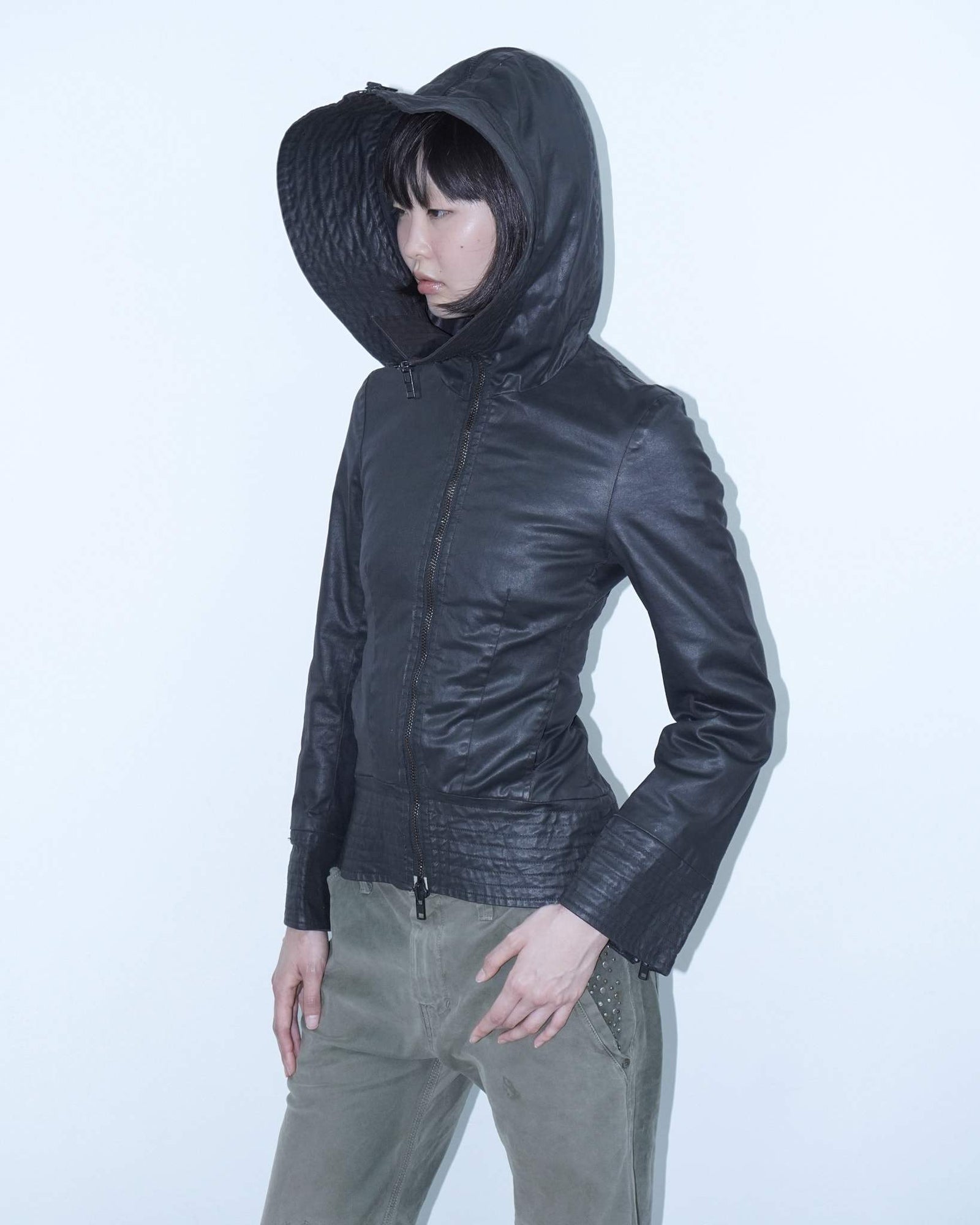 adherent black waxed  hooded jacket