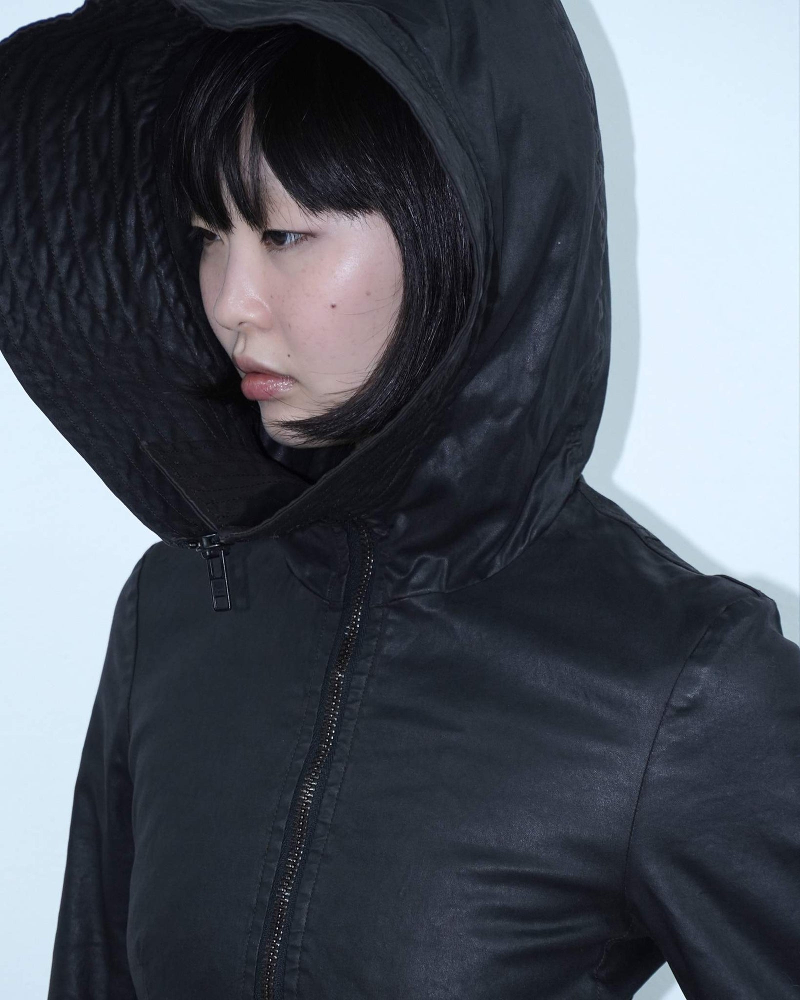 adherent black waxed  hooded jacket