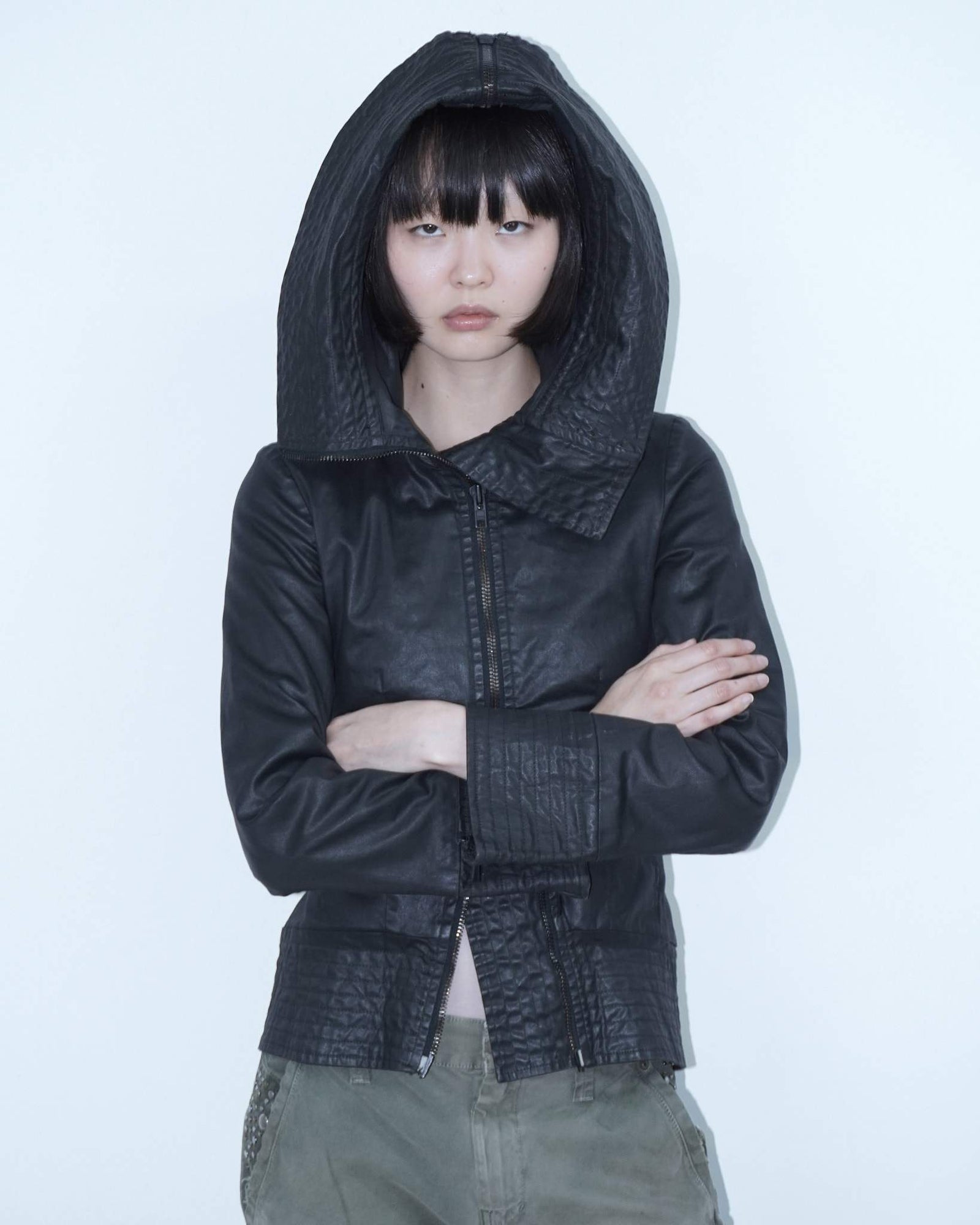 adherent black waxed  hooded jacket