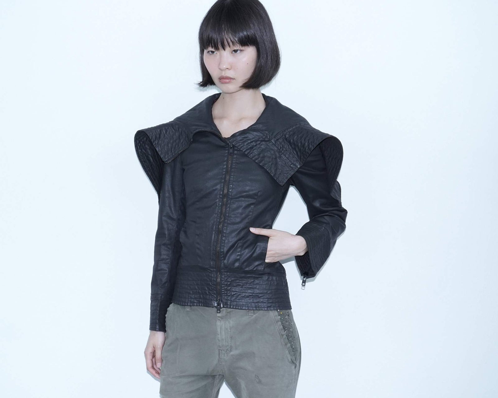 adherent black waxed  hooded jacket