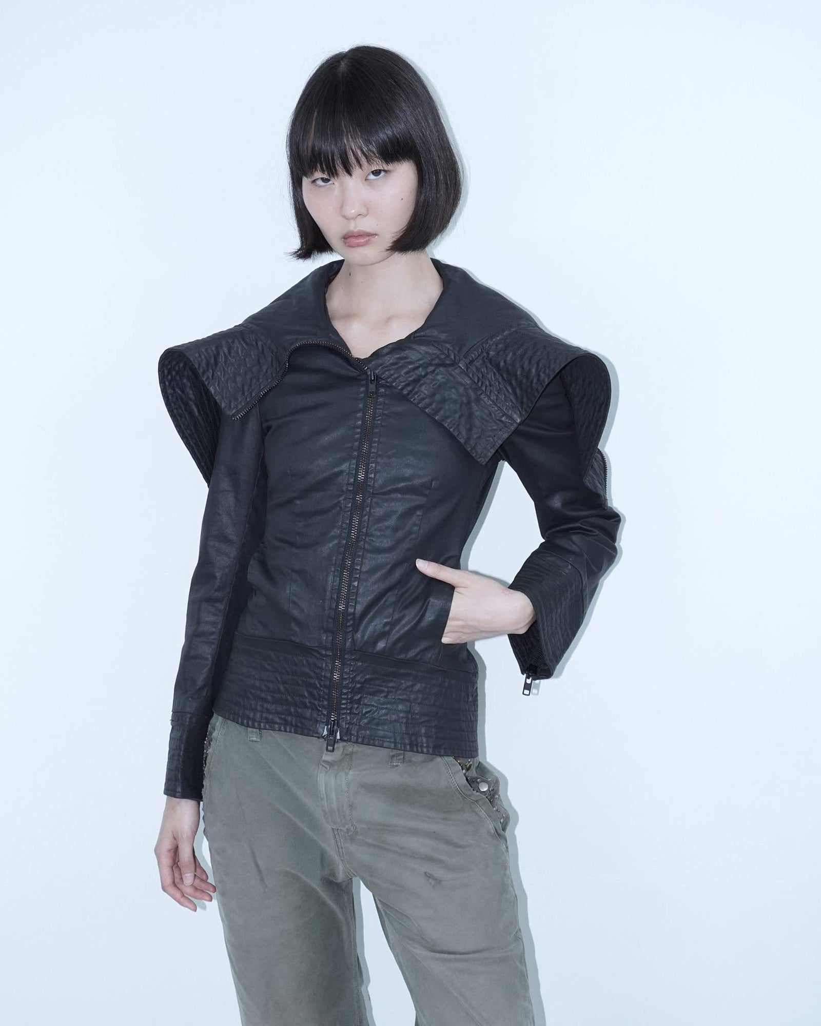 adherent black waxed  hooded jacket