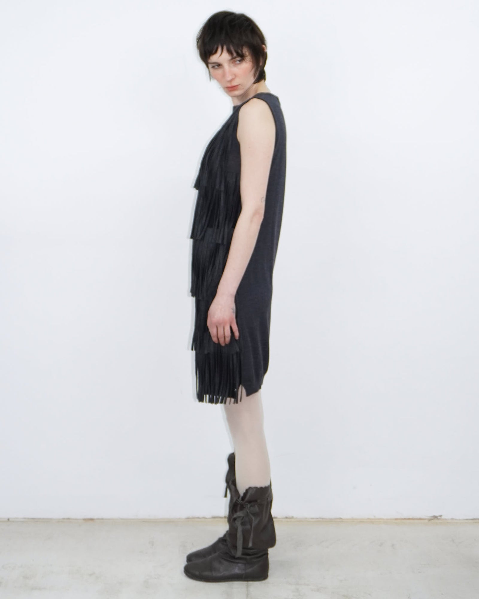 anthracite midi dress with fringes