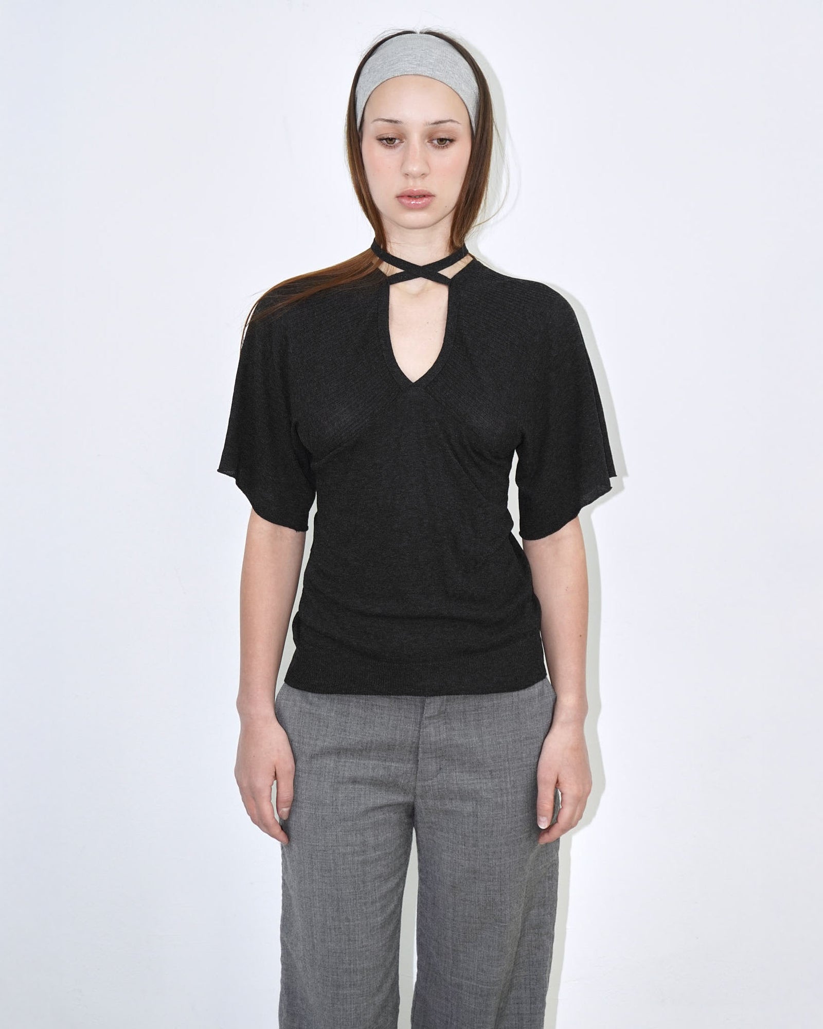 anthracite v neck top with back ties