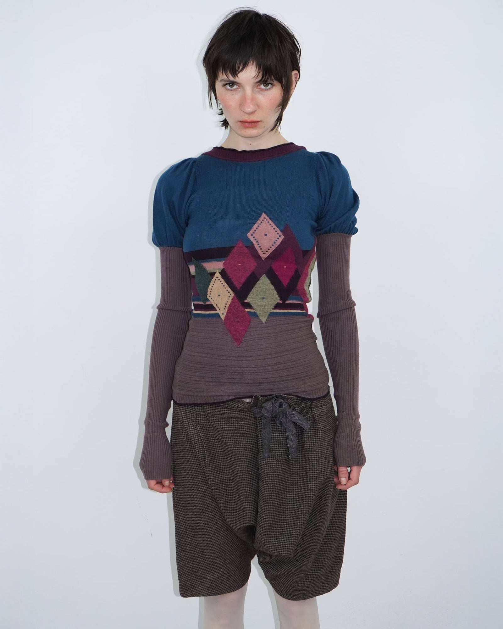 argyle knit top with puff sleeves