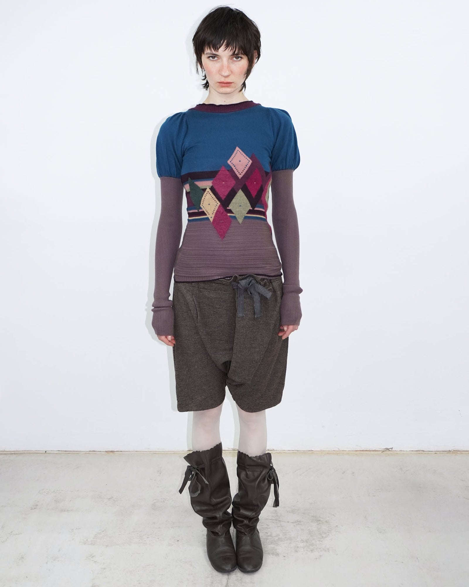 argyle knit top with puff sleeves