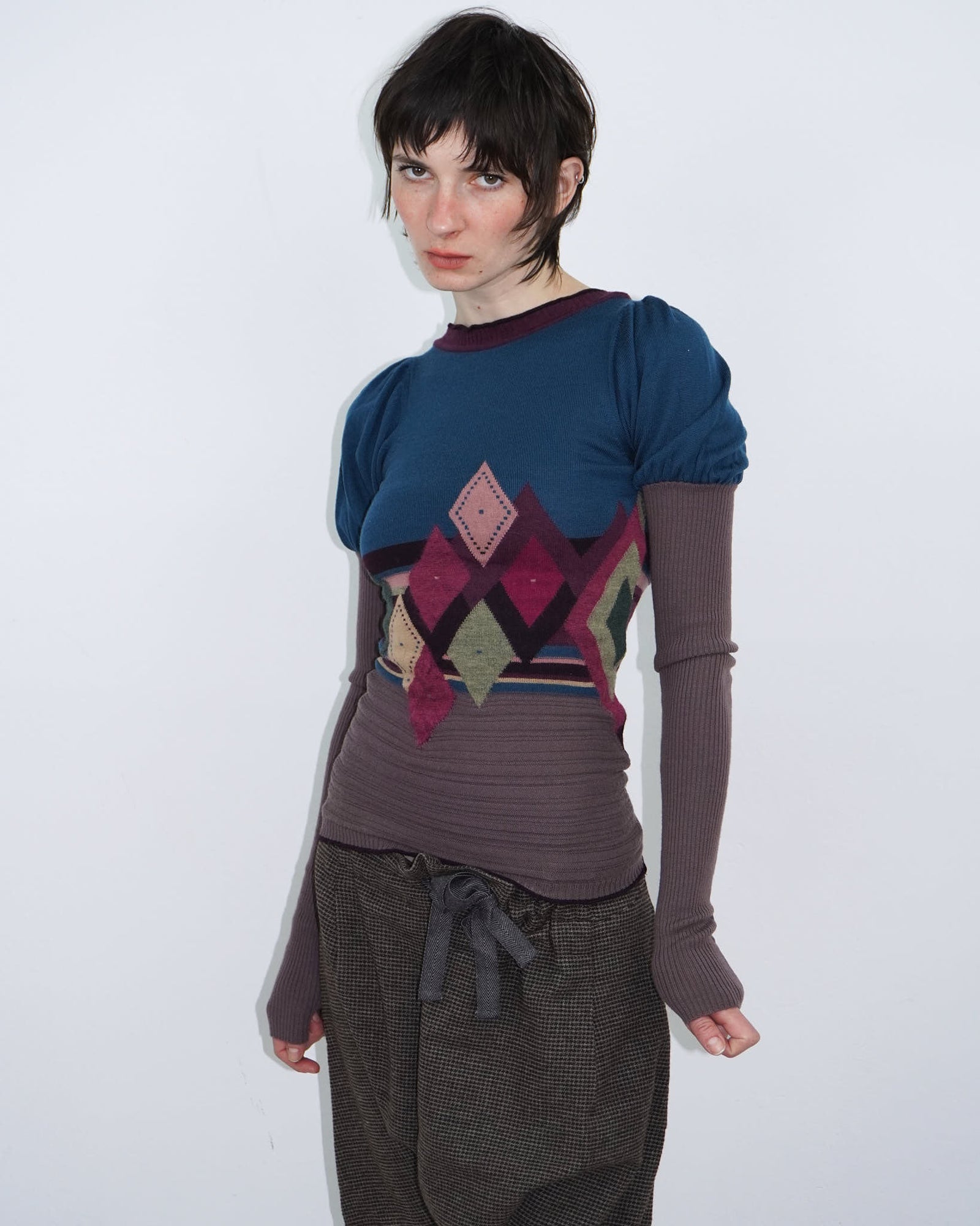 argyle knit top with puff sleeves