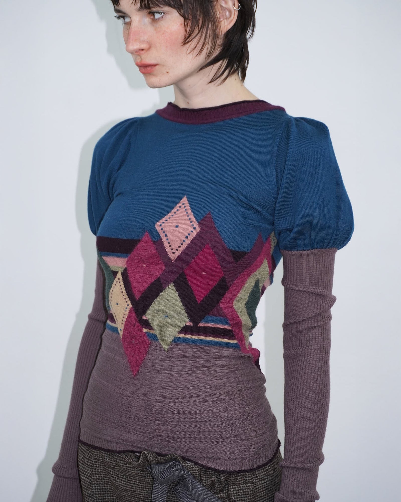 argyle knit top with puff sleeves