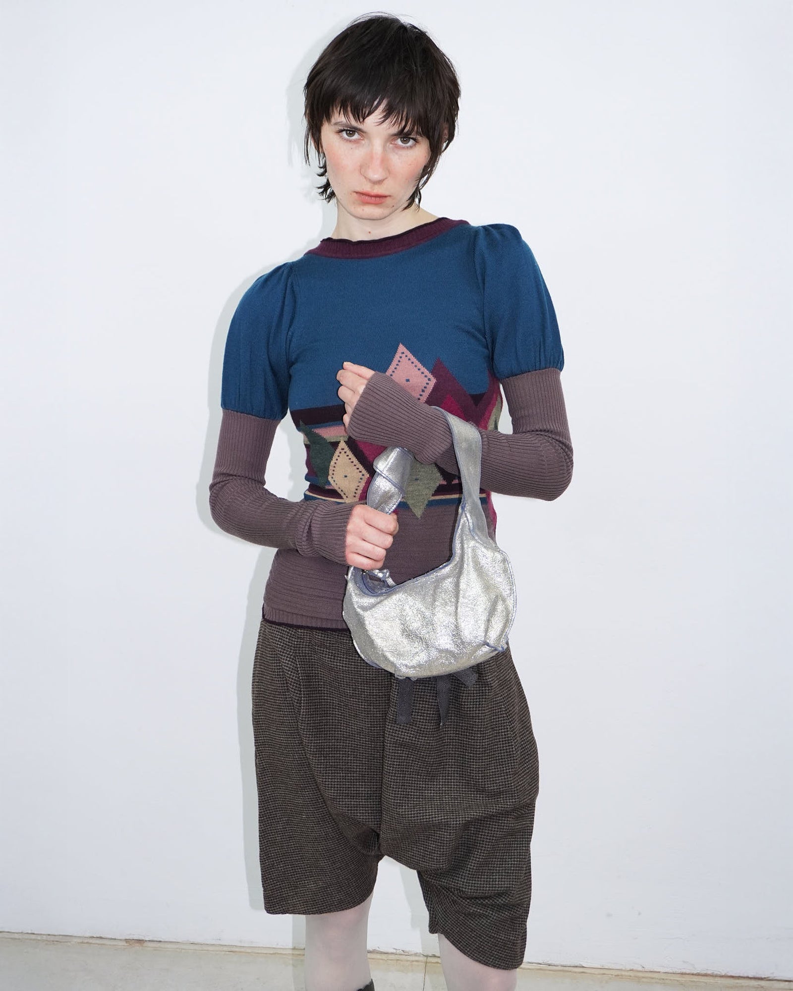 argyle knit top with puff sleeves