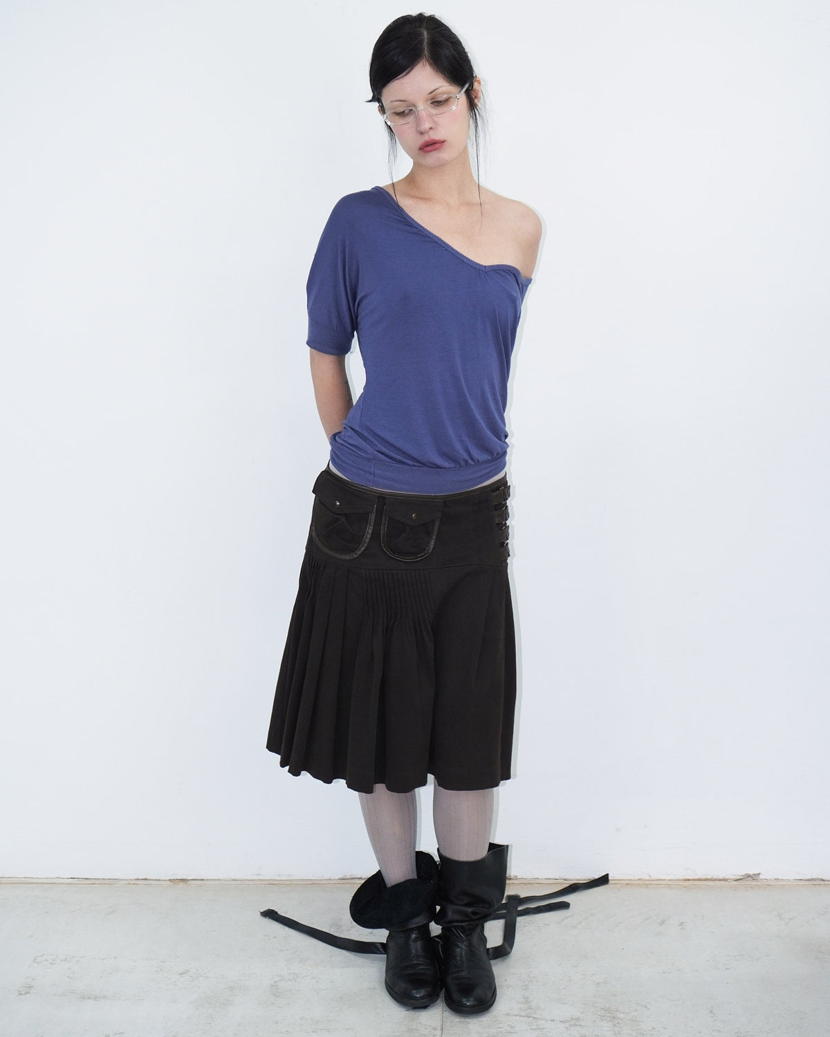 asymmetrical brown pleated midi skirt