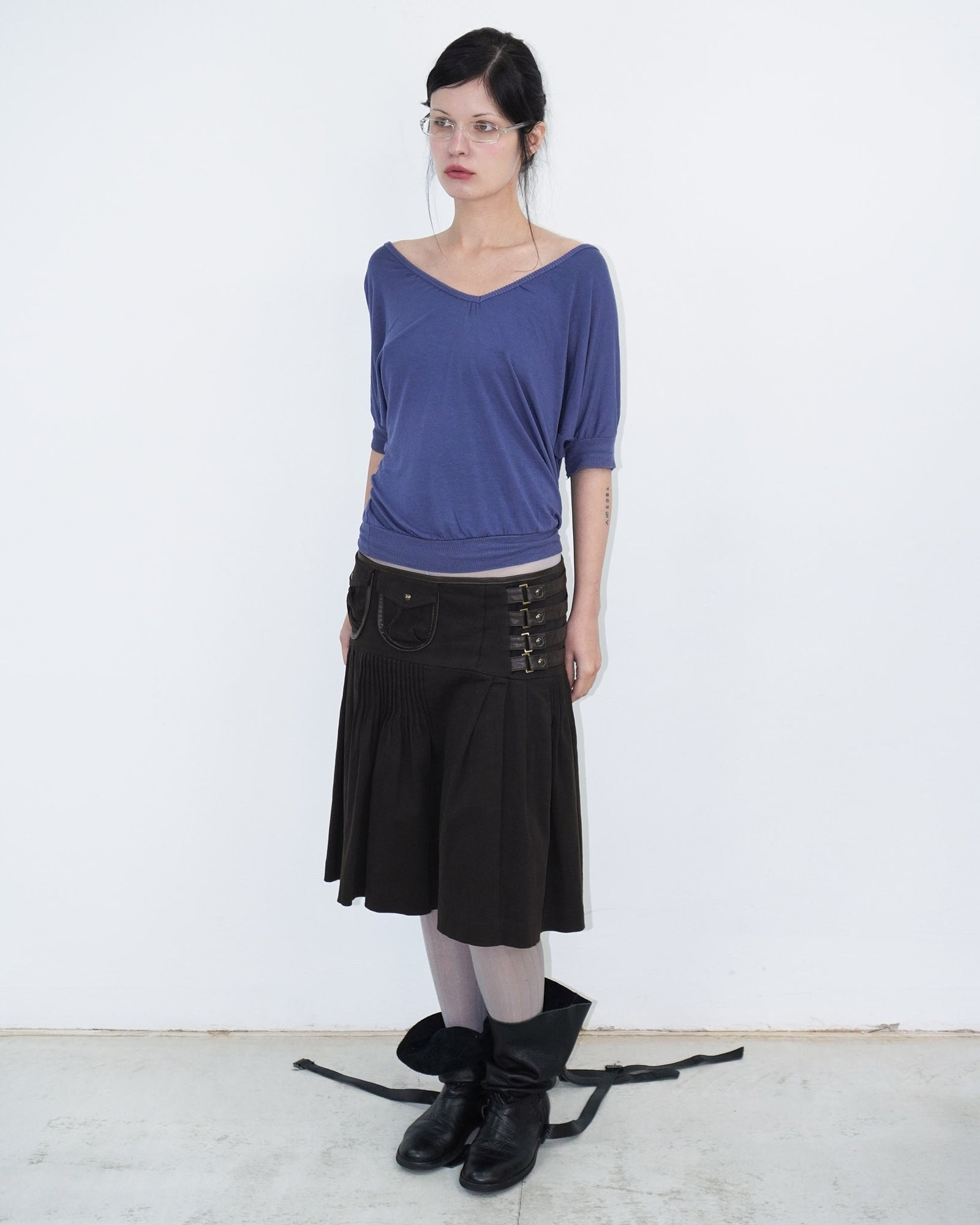 asymmetrical brown pleated midi skirt