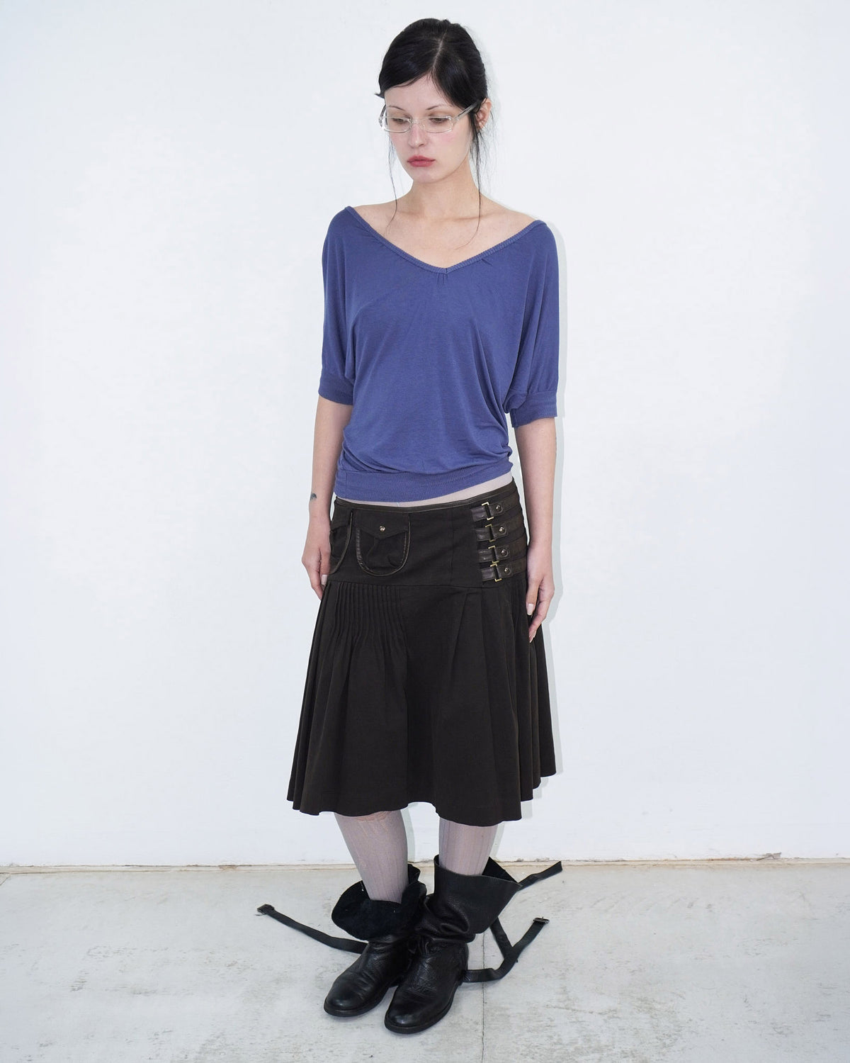 asymmetrical brown pleated midi skirt