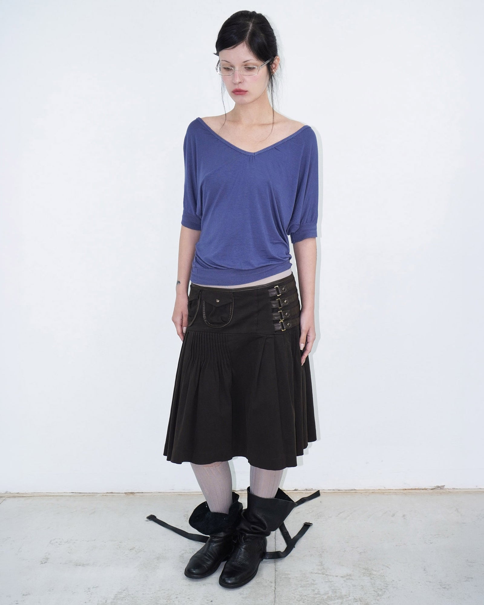 asymmetrical brown pleated midi skirt